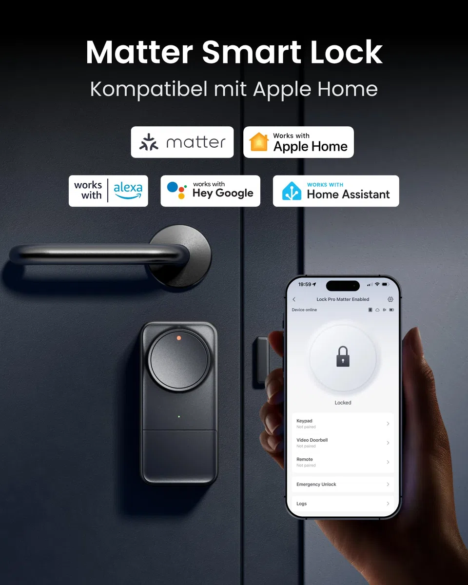 SwitchBot WLAN Smart Lock Pro mit Touchscreen-Tastatur, Matter Over WiFi, Elektronisches Türschloss Mit Aufladbarem Akku, Türöffner per App, Fingerprint, Code, Alexa, Google, unterstützt Apple Home