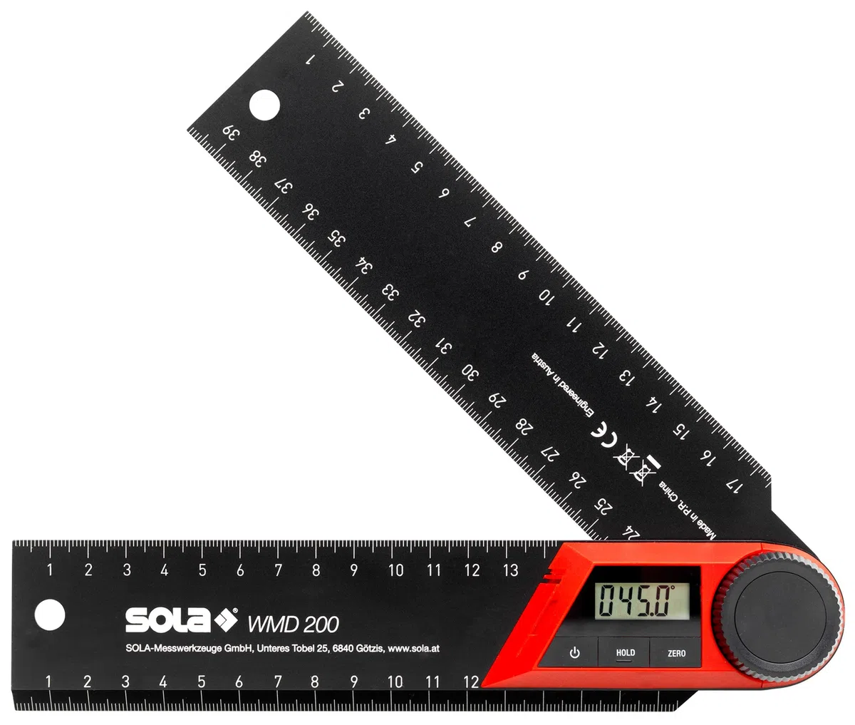 SOLA WMD 200 - Digitaler Winkelmesser - Länge 200 mm - Anschlagwinkel mit LCD Anzeige für exakte Winkelmessungen - Schreinerwinkel digital - Winkelmesser mit Lineal für Metall- und Holzbearbeitung