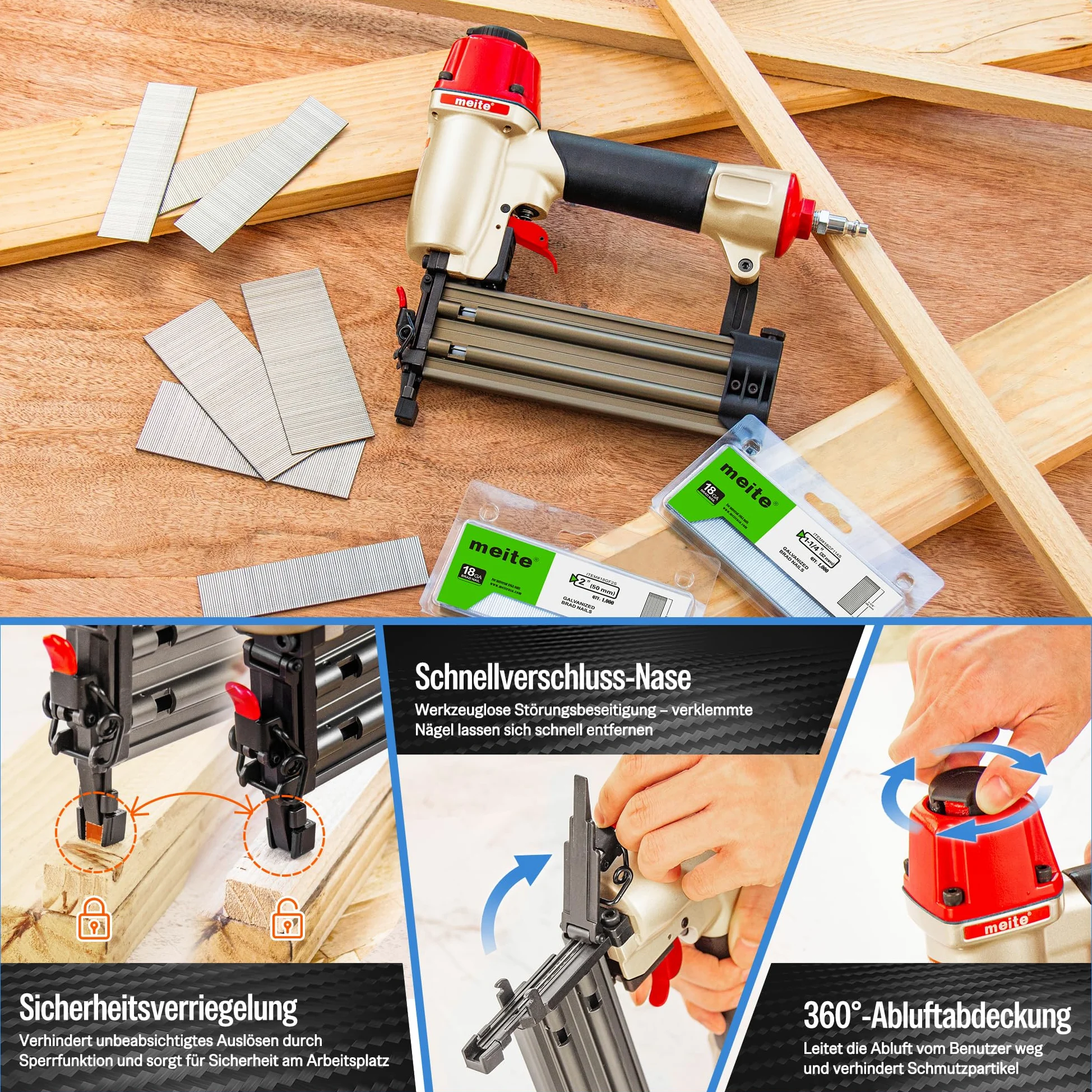meite F50C Druckluftnagler mit Sicherheitsnase, Druckluft Nagelpistole für Stauchkopfnägel 18GA 15-50mm, Tiefeneinstellung max. 7 bar Stauchkopfnagler, Ideal für Zierleisten, Holzarbeiten