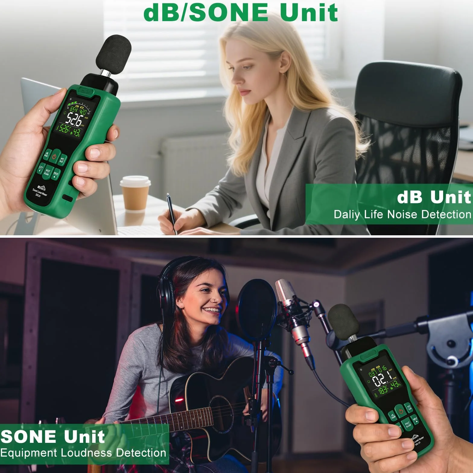 Dezibel Messgerät, SQECH Schallpegelmessgerät mit Temperatur und Feuchtigkeit Schallpegelmesser mit Farbigem Hintergrundlichtdisplay A/C Bewertung dB/SONE Einheit Schnelle/Langsame Reaktion 30–130dB