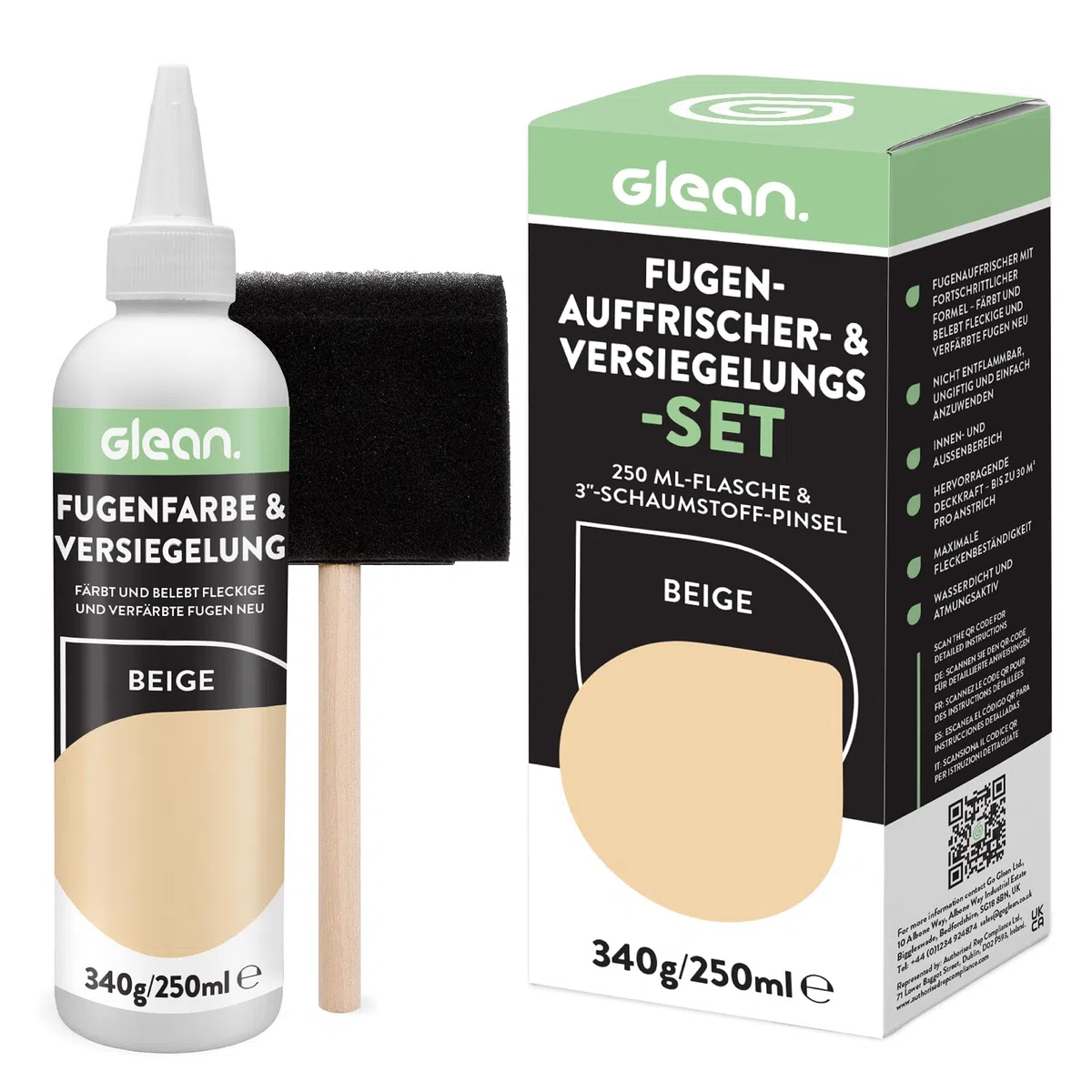 GLEAN Fugenfarbe & Versiegelung Beige | 340g | Erneuert & schützt Fliesenfugen | Mit Schaumstoffpinsel | Atmungsaktiv & fleckenresistent | Für Bad, Dusche & Küche