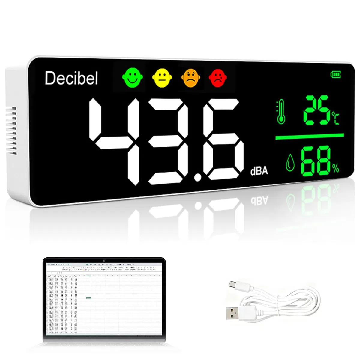 Schallpegelmesser mit Datenaufzeichnung, Digitales Lärm Dezibel Messgerät 30-130 dBA, Temperatur Feuchtigkeit Monitor, Type-C Export, Alarmfunktion für Arbeitsplatz, Industrie, Haushalt