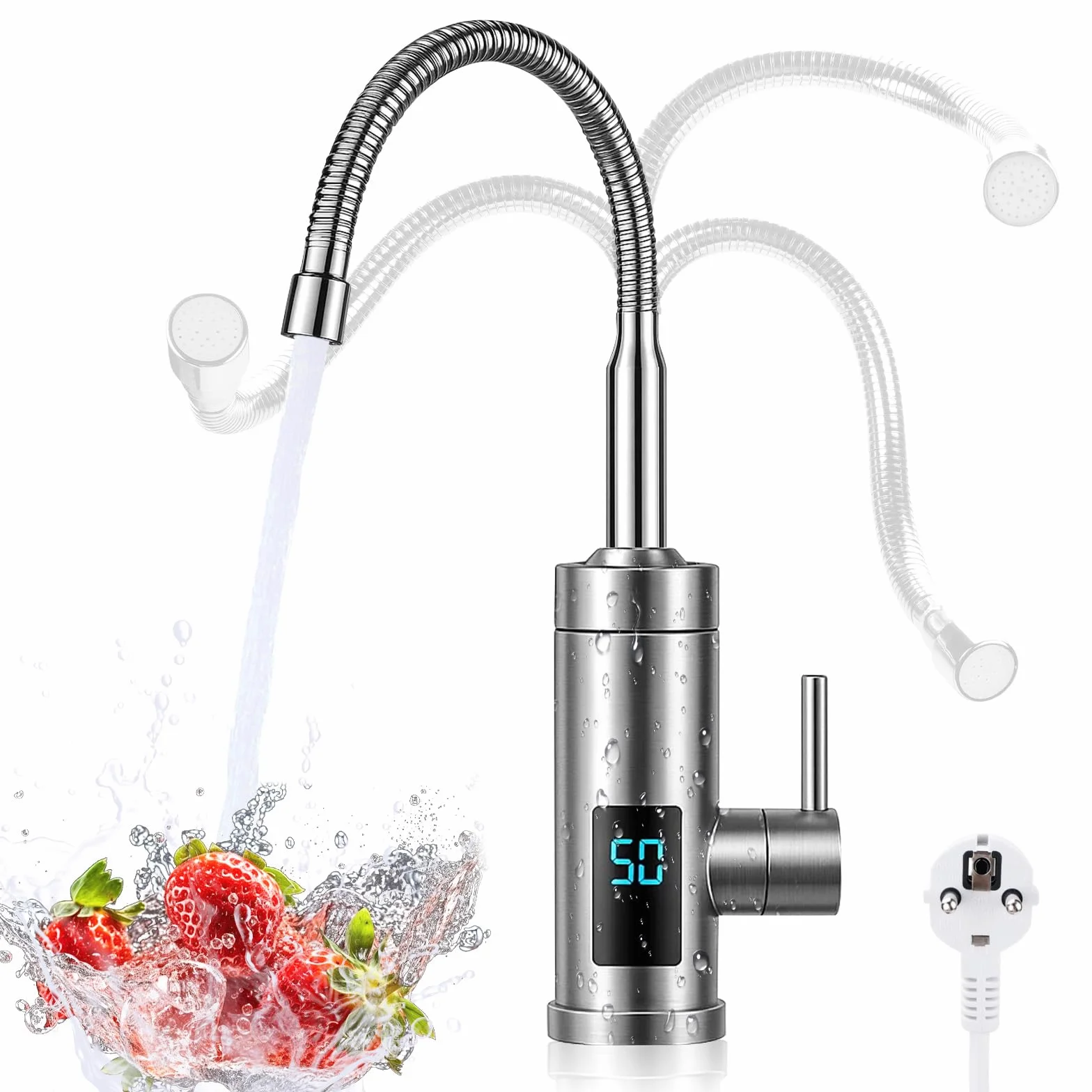 Elektrischer Wasserhahn mit Durchlauferhitzer, 220V 3000W Warmwasserhahn Küchenarmatur Smart Heater Wasserboiler für Küche, Garten, Bad, Wohwagen, Camping