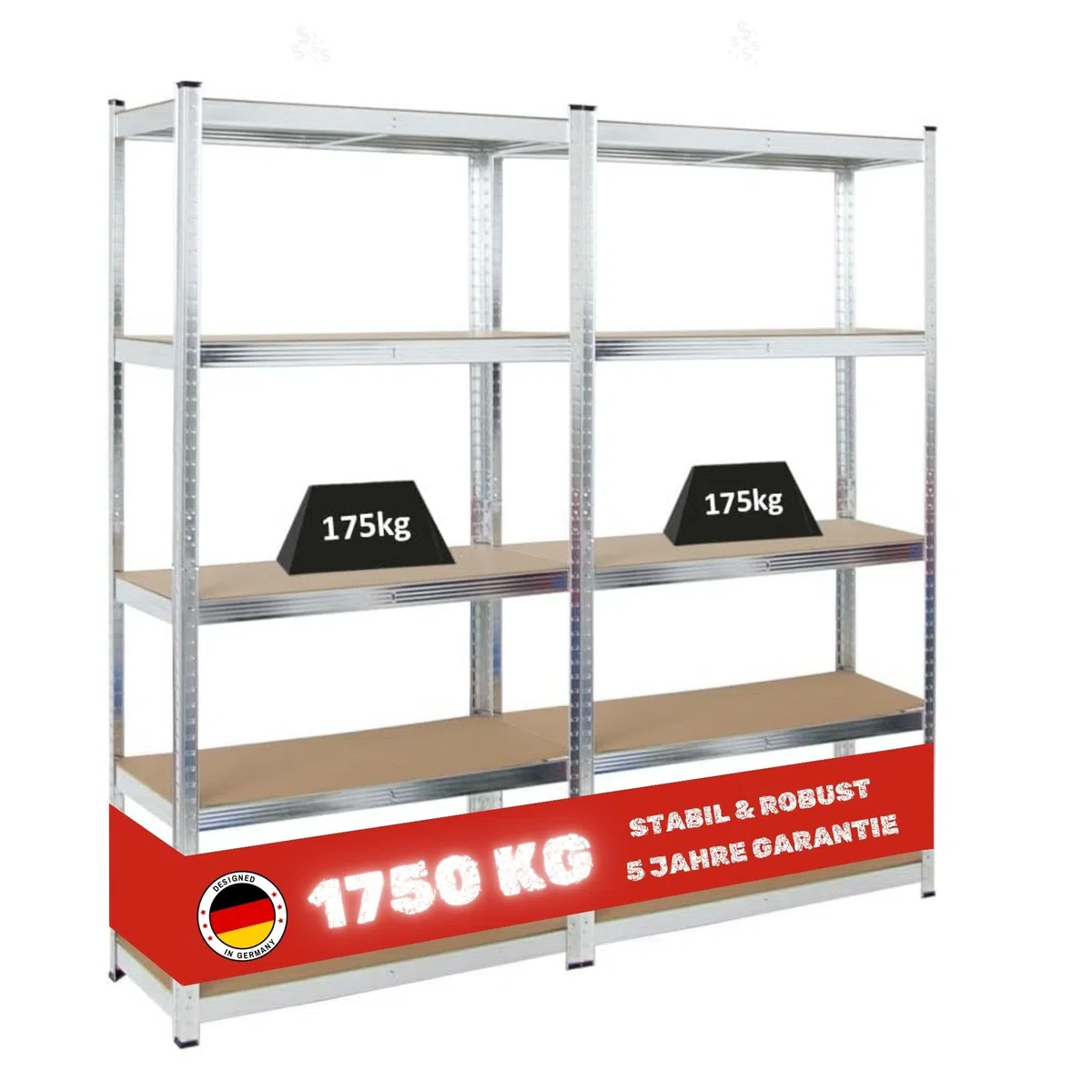 PROREGAL 2X Schwerlastregal Gorilla | HxBxT 180x90x40cm | Fachlast 175kg | Verzinkt | Garagenregal Kellerregal Werkstattregal Lagerregal Steckregal