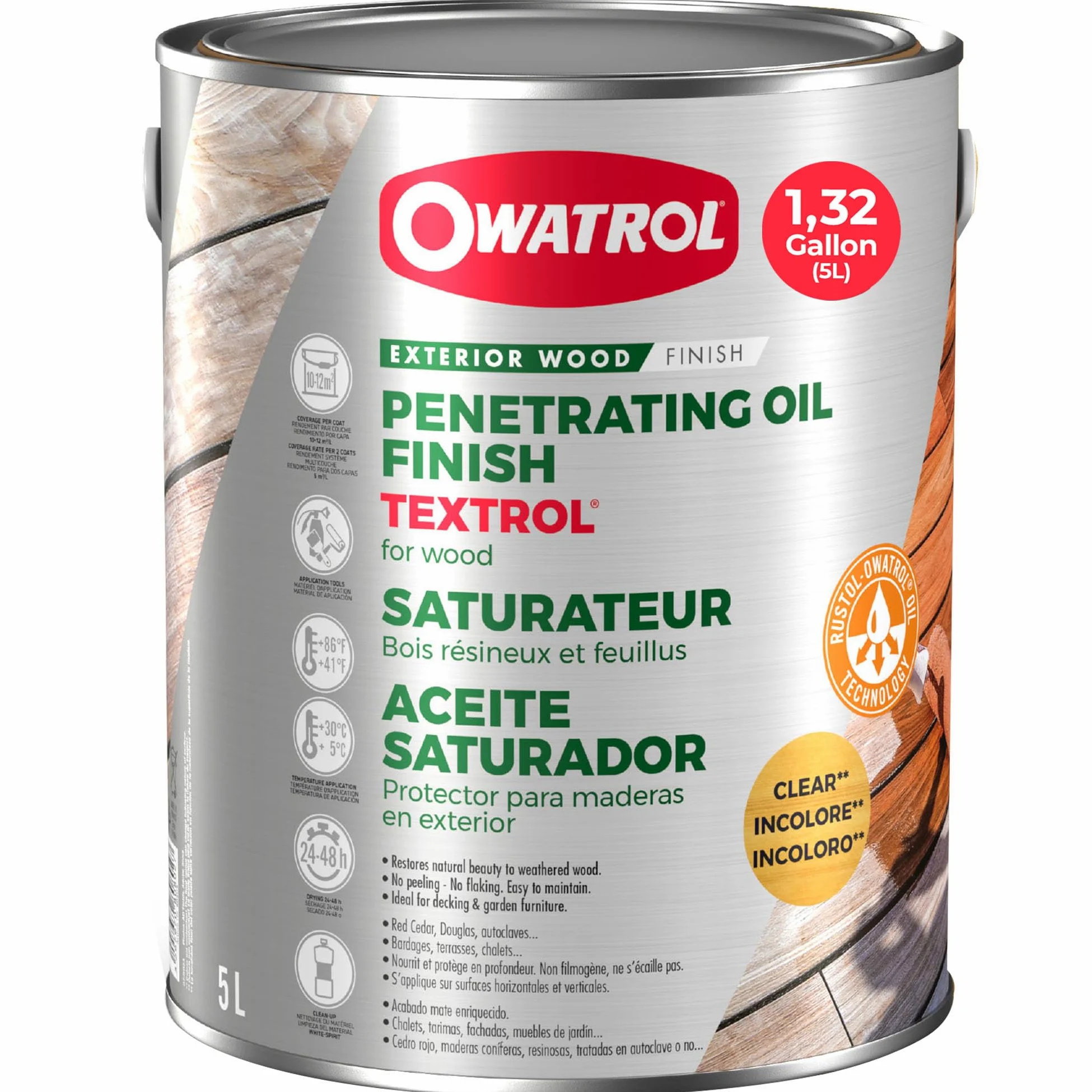 OWATROL TEXTROL - Farblose Tönung - Saturator Holz Outdoor auf Basis natürlicher Pflanzenöle für Hütten Barrieren Schuppen Außenholzverkleidung - Holz Terrassenöl - 5 L