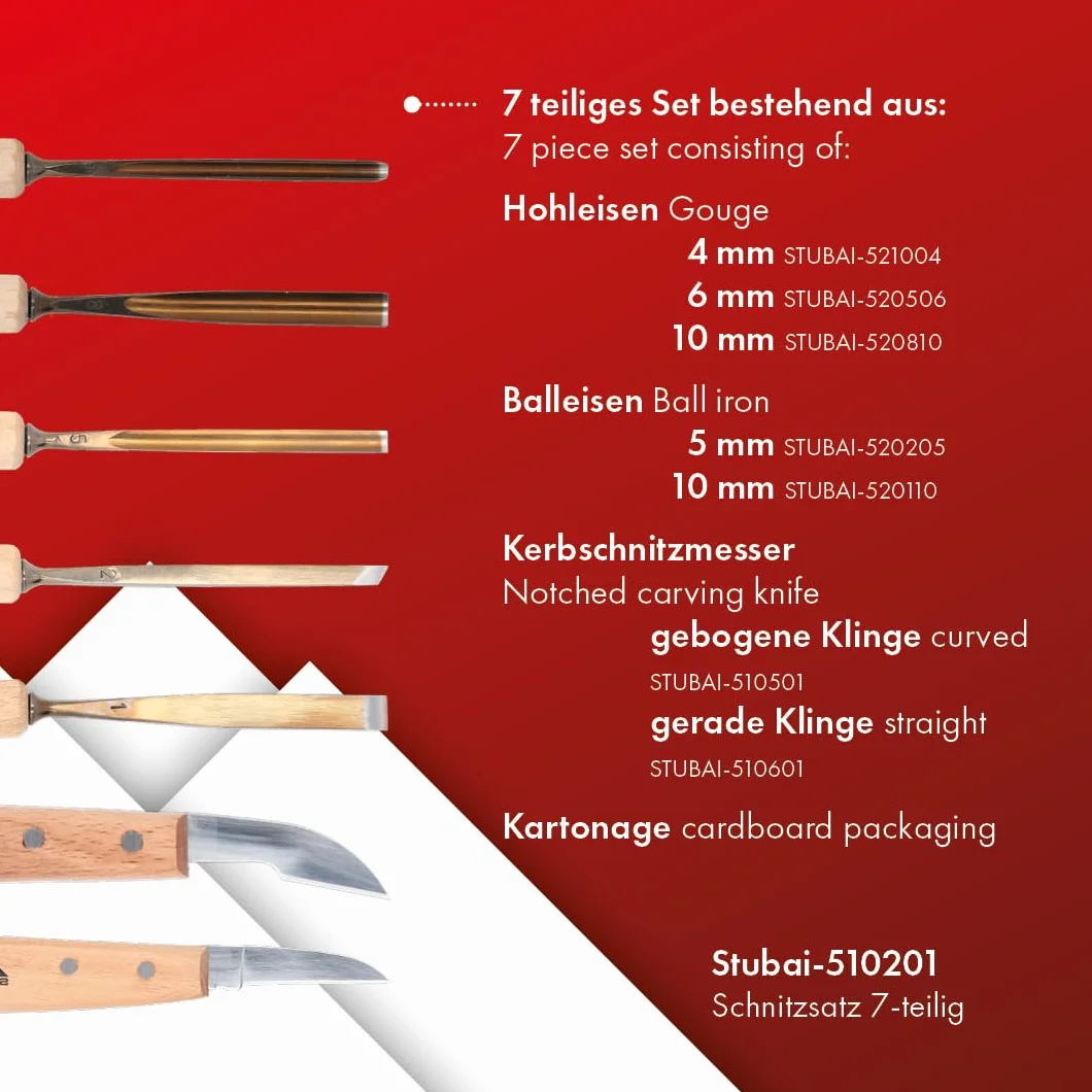 STUBAI Schnitzersatz | 7-tlg. | Balleisen 5 mm & 10 mm + Hohleisen 4 mm, 6 mm & 10 mm + 2 Kerbschnitzmesser | Schnitzwerkzeug für Schnitzarbeiten zur Holzbearbeitung | professionelles Schnitz-Set