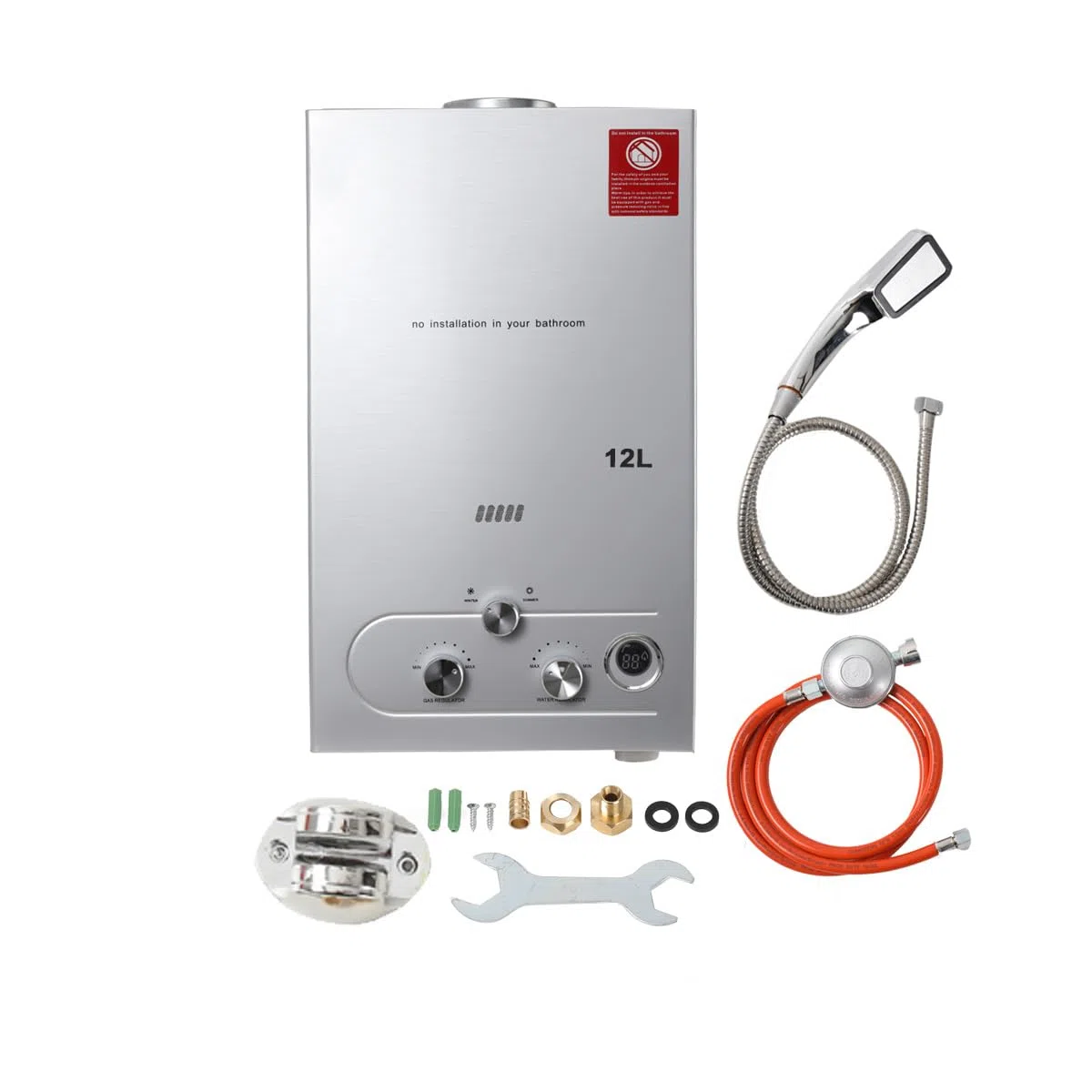 24KW 12L LPG Gas Durchlauferhitzer mit Gasdruckregler, Propangas Campingdusche für Dusche im Außenbereich Dusche Bad Warmwasser Camping Dusche Warmwasserbereiter mit CE-Zertifizierun, Silber