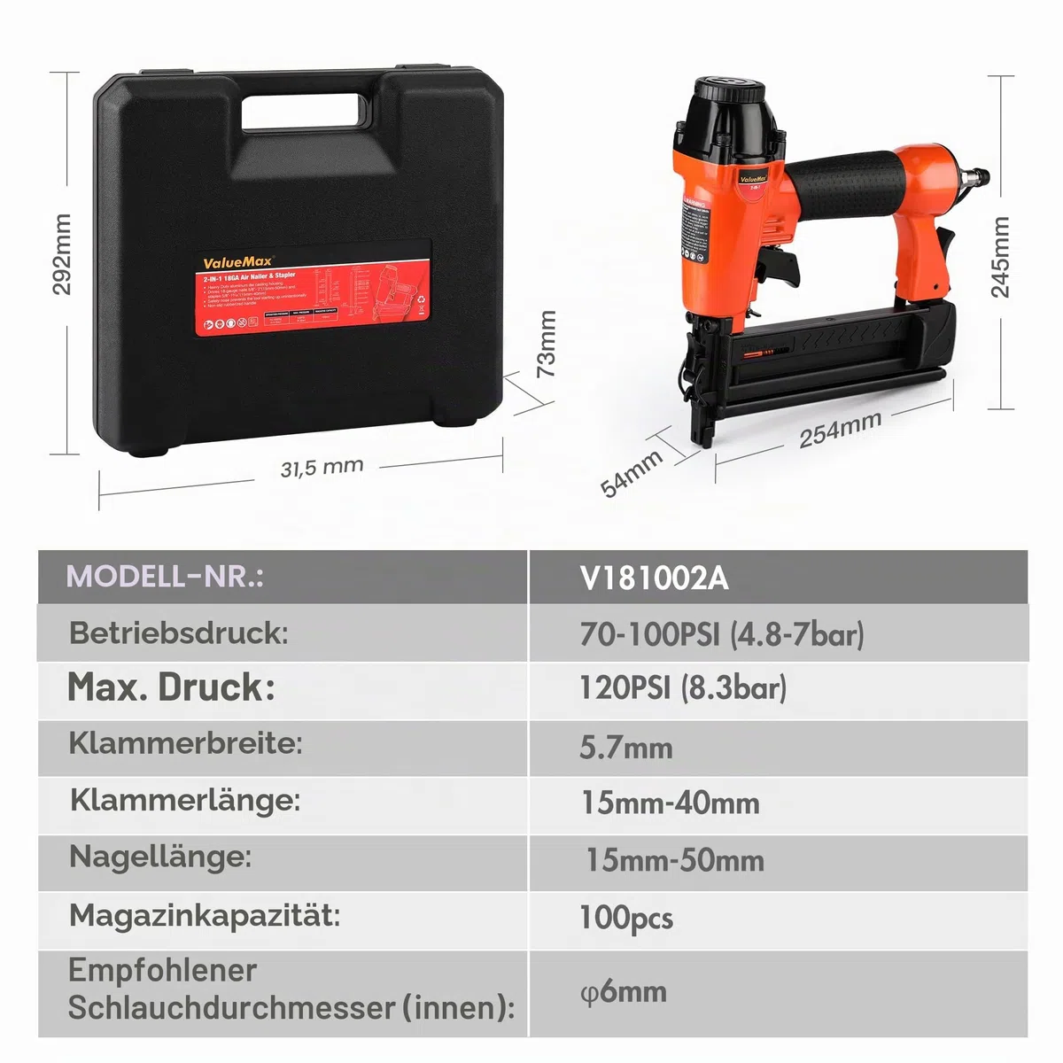 ValueMax 2 in 1 Druckluftnagler Profi Drucklufttacker inkl. 400 Klammern & Nägel, max 8,3 bar Druckluft Nagelpistole mit Sicherheitsnase für Werkstatt und Haus (Nägel bis 50mm, Klammern bis 40mm)