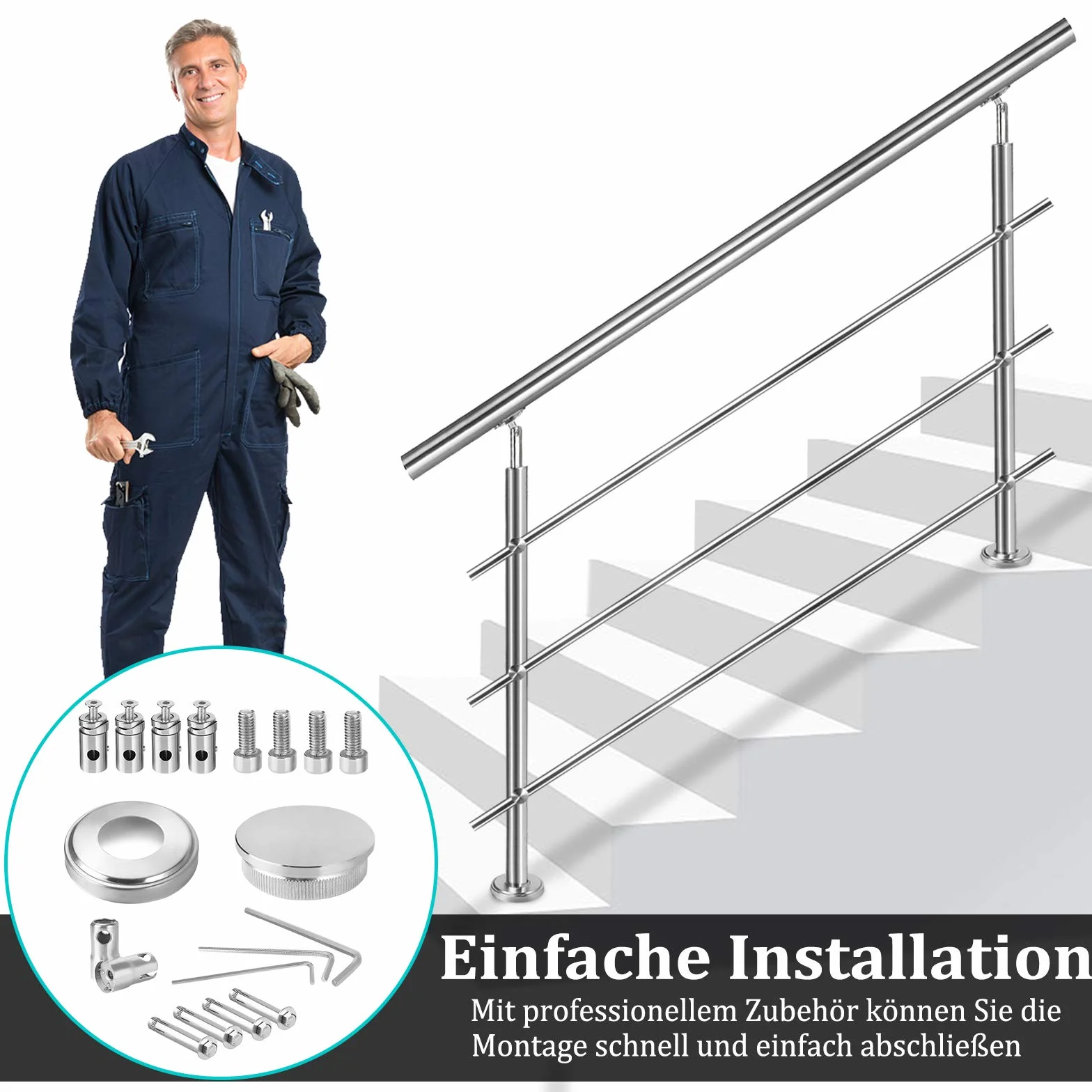 Aufun Edelstahl Handlauf 100cm Treppengeländer Innen und Außen mit 2 Pfosten für Treppen, Brüstung, Balkon (100cm, 0 Querstreben)