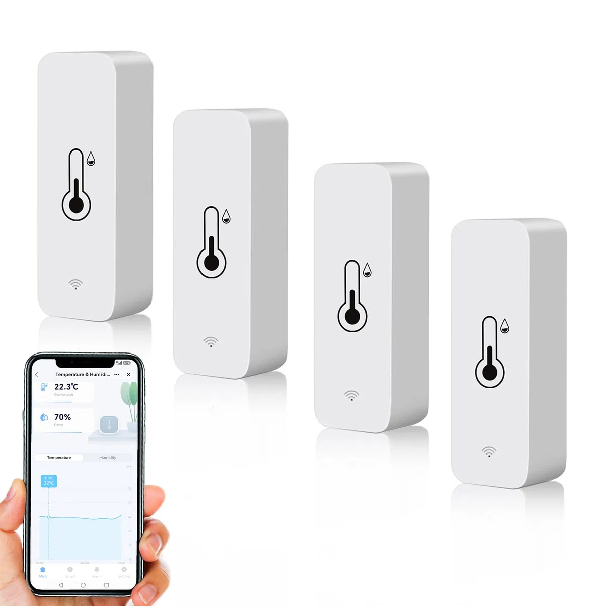 WLAN Smart Thermometer Hygrometer, Digitale Mini Innentemperatur und Feuchtigkeitssensor, Raumtemperaturfeuchtigkeitssensor App Fernbedienung für Gewächshauskeller,Kompatibel Alexa/Google Home. 4Pack