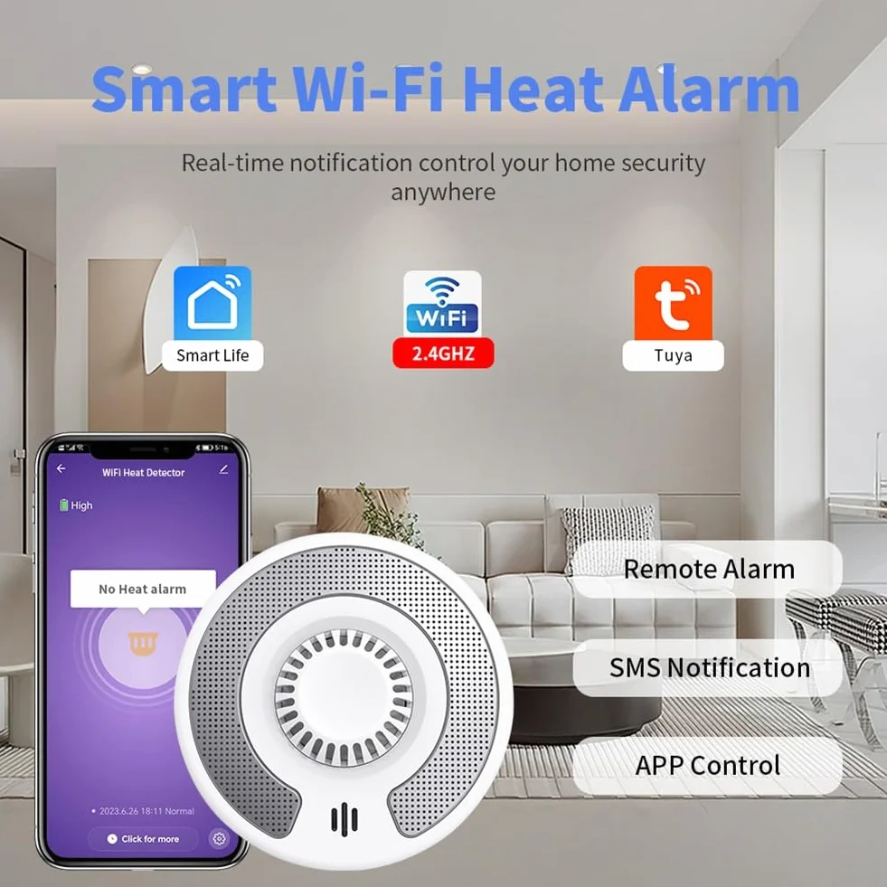 WiFi Smart Hitzemelder mit Tuya App-Steuerung, WiFi Wärmealarm mit versiegelter 10-Jahres-Li-, BS 5446-2, VH03W