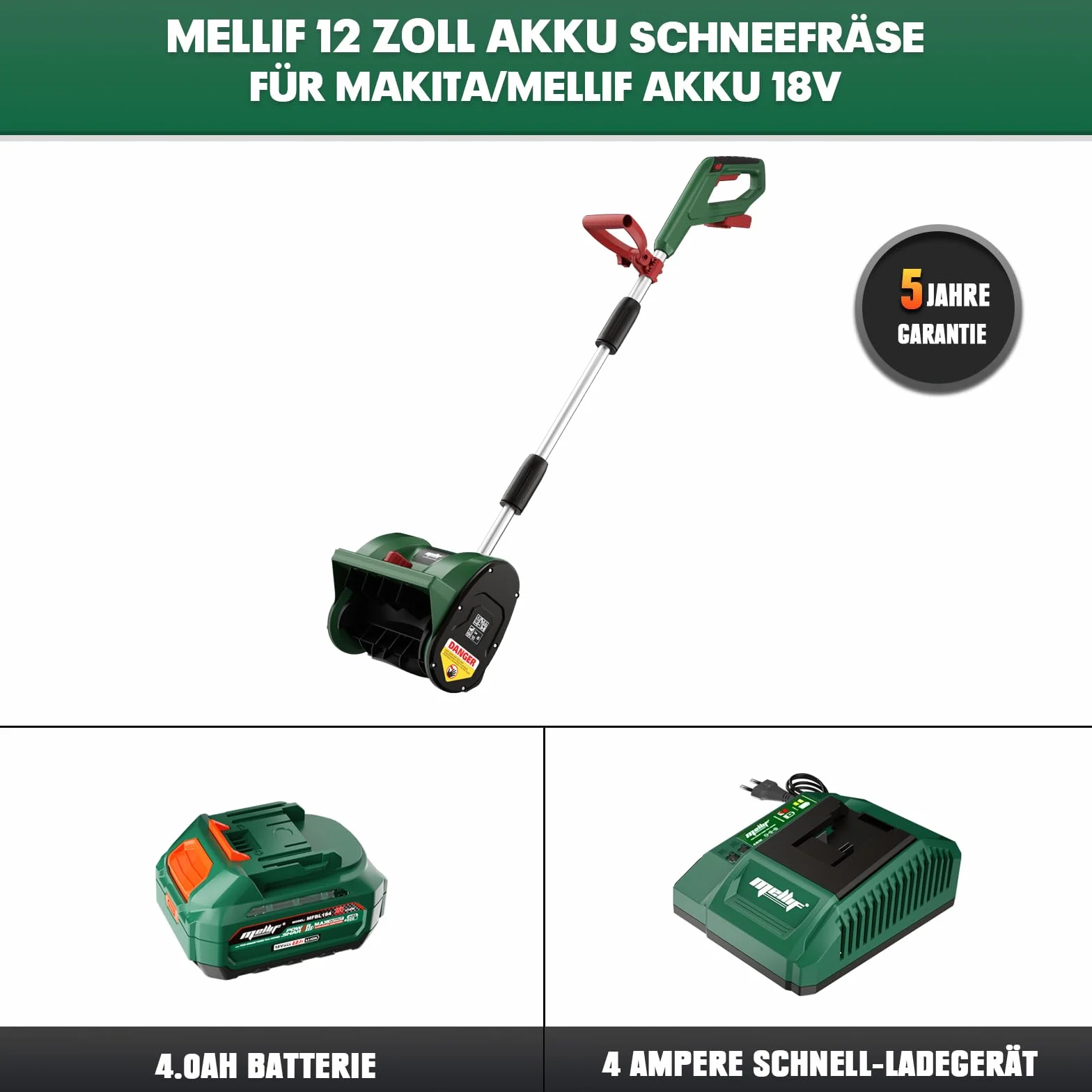 Mellif Akku Schneefräse mit Akku 4.0 Ah, Brushless Schneefräse passt für Makita Akku 18V, Arbeitsbreite 30cm, Räumtiefe 15cm,Wurfweite 6m,bürstenloser Motor(Inkl. 1 Mellif 4.0Ah Batterie & Ladegerät)