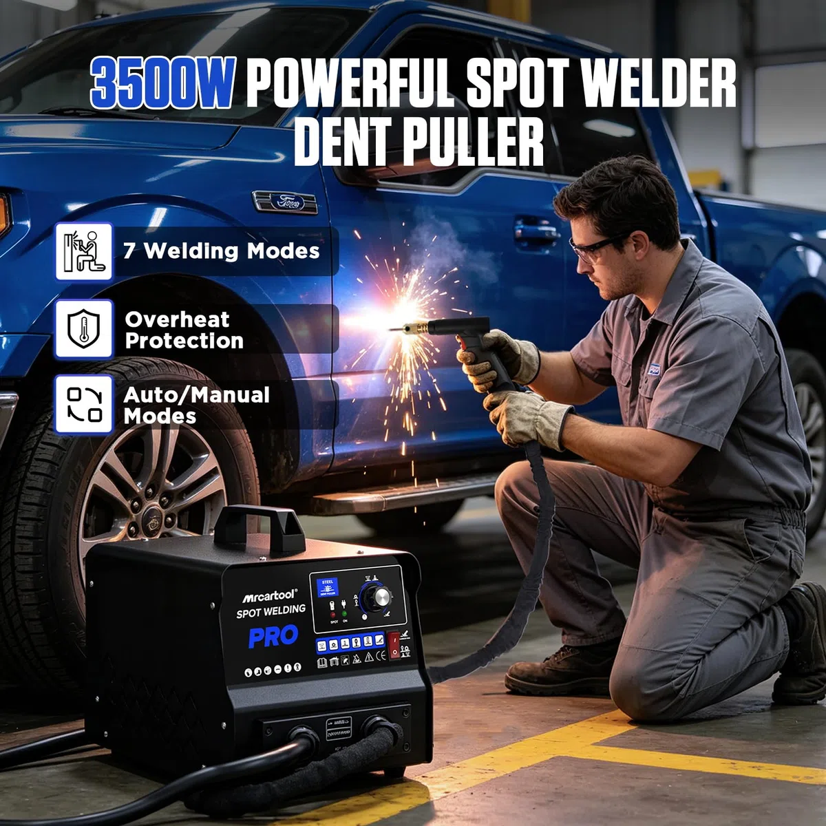 3500W Karosserie Ausbeulspotter, Auto/Manuell Doppelmodus Autobeulen Reparaturset mit Pulsheizung & Überhitzungsschutz, 6 Modi Blechschweißpistole für Limousine SUV Pickup