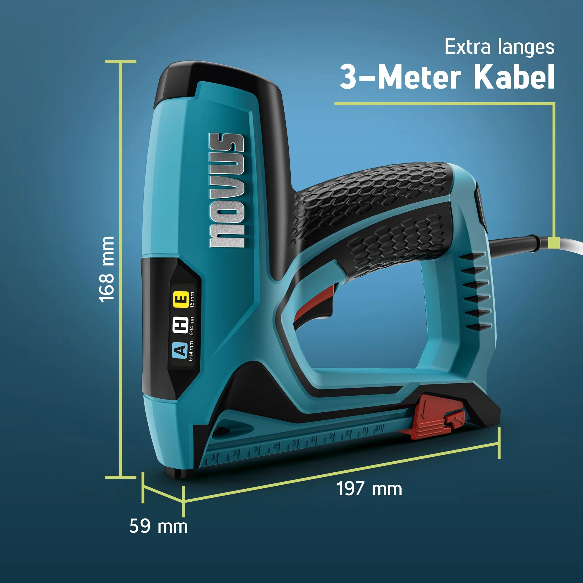 NOVUS TOOLS Elektrotacker J-150 Set mit 1800 Klammern │ Profi-Tacker und Nagelpistole mit Schlagkraftregulierung, Distanzanschlag und Unterlademechanik │ Für Feindrahtklammern 6-14 mm und Nägel 16 mm