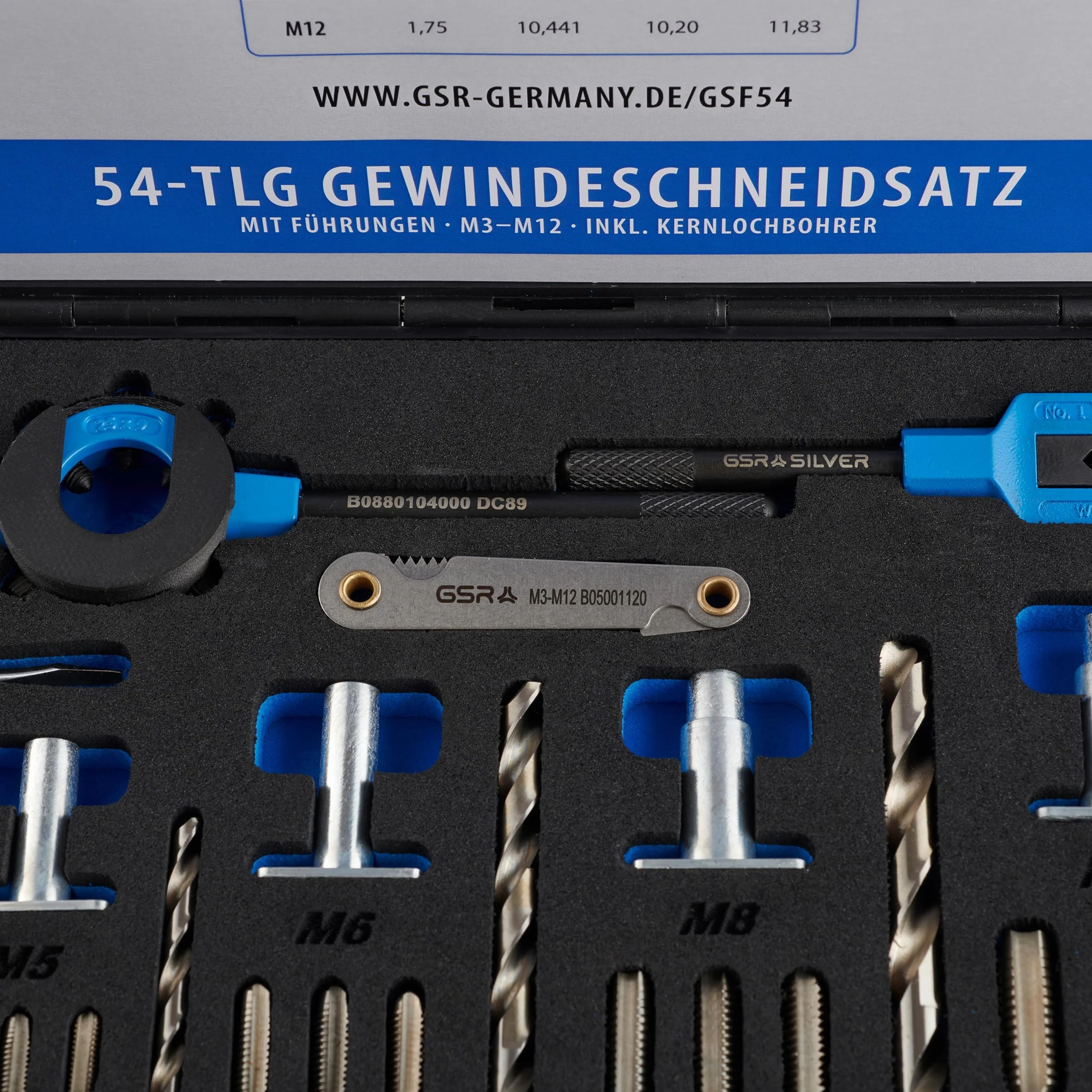 GSR Gewindeschneider Set 54-teilig für präzise HSS-Innen- und Außengewinde, M3–M12, mit Handgewindebohrern, Führungen, Kernloch-Spiralbohrern, Schneideisen, verstärkten Haltewerkzeugen