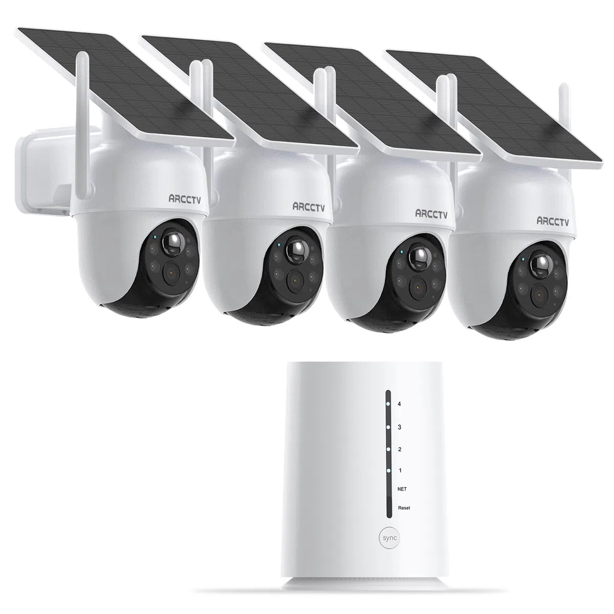 ARCCTV Überwachungskamera Aussen Set, Batteriebetriebene Kamera mit Solar | Ohne ABO, PIR Bewegungserkennung, 360° PTZ, 2-Wege-Audio, Wasserdicht, 4 Kameras mit Basisstation, mit Speicherkarte