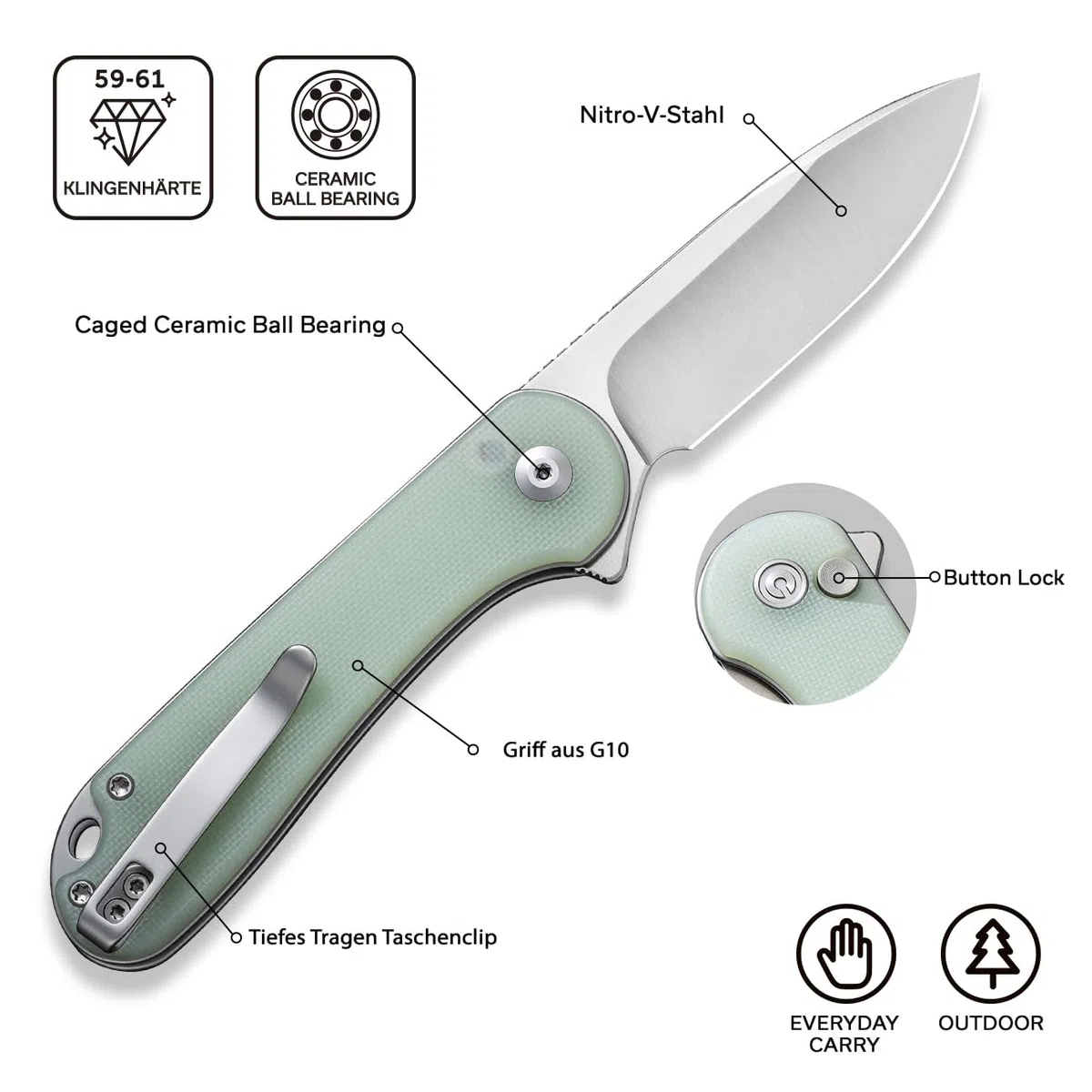CIVIVI Elementum II Klappmesser mit 7,51 cm Nitro-V-Klinge und naturfarbenem G-10-Griff, Outdoor-Messer mit Clip (C18062P-2)
