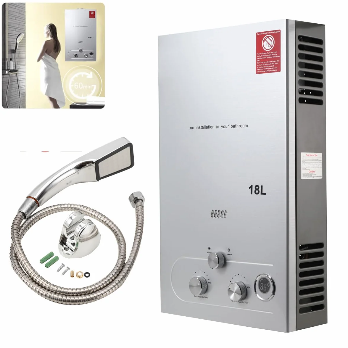 Gas Durchlauferhitzer LPG 18L 36KW Flüssiggas Warmwasserbereiter, Tankless Instant Heißwasserbereiter Gastherme mit Duschkopf Duschschlauch, für Outdoor Camping Baden RV Dusche