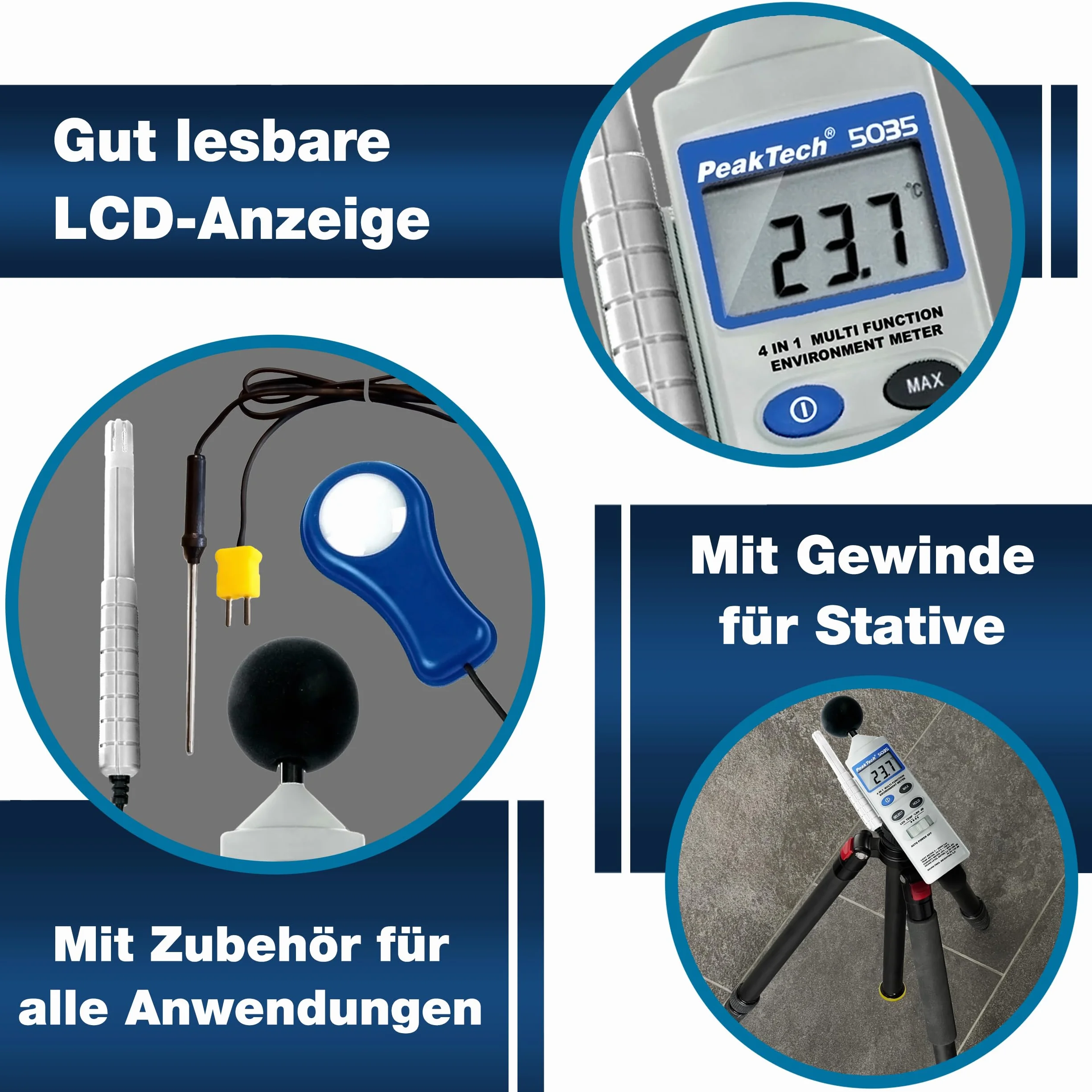 PeakTech 5035-4 in 1 Multifunktions Umweltmessgerät dB, Lux, RH, Temp.