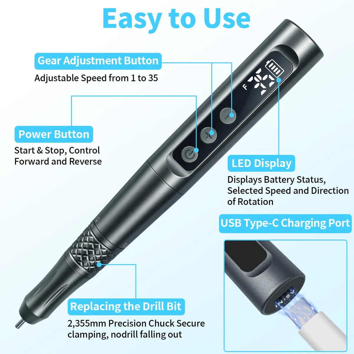 CGBE 35-Gang-Regler Gravierstift mit 58 Gravurzubehör: USB-Aufladung Elektrischer Mini Gravurstift Set für Künstler Heimwerker - Anfängerfreundlich Gravierwerkzeug mit LED-Anzeige für Glas Holz Stein