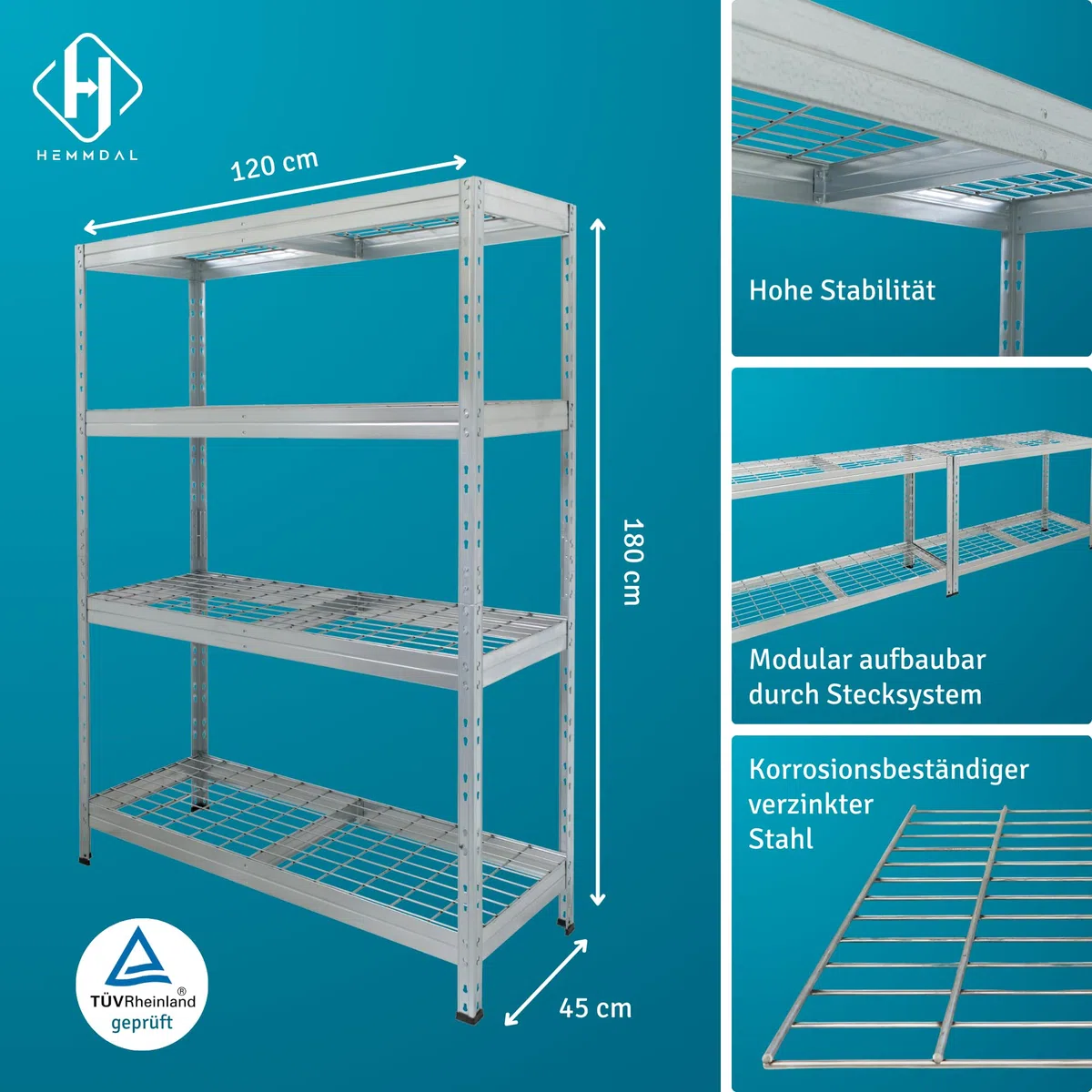 HEMMDAL Outdoor-Weitspannregal - 1.200 kg Tragkraft - HxBxT 180 x 120 x 45 cm - Steckregal mit 4 höhenverstellbaren Böden - 400 kg max. Fachlast - TÜV geprüft - Schwerlastregal aus verzinktem Stahl