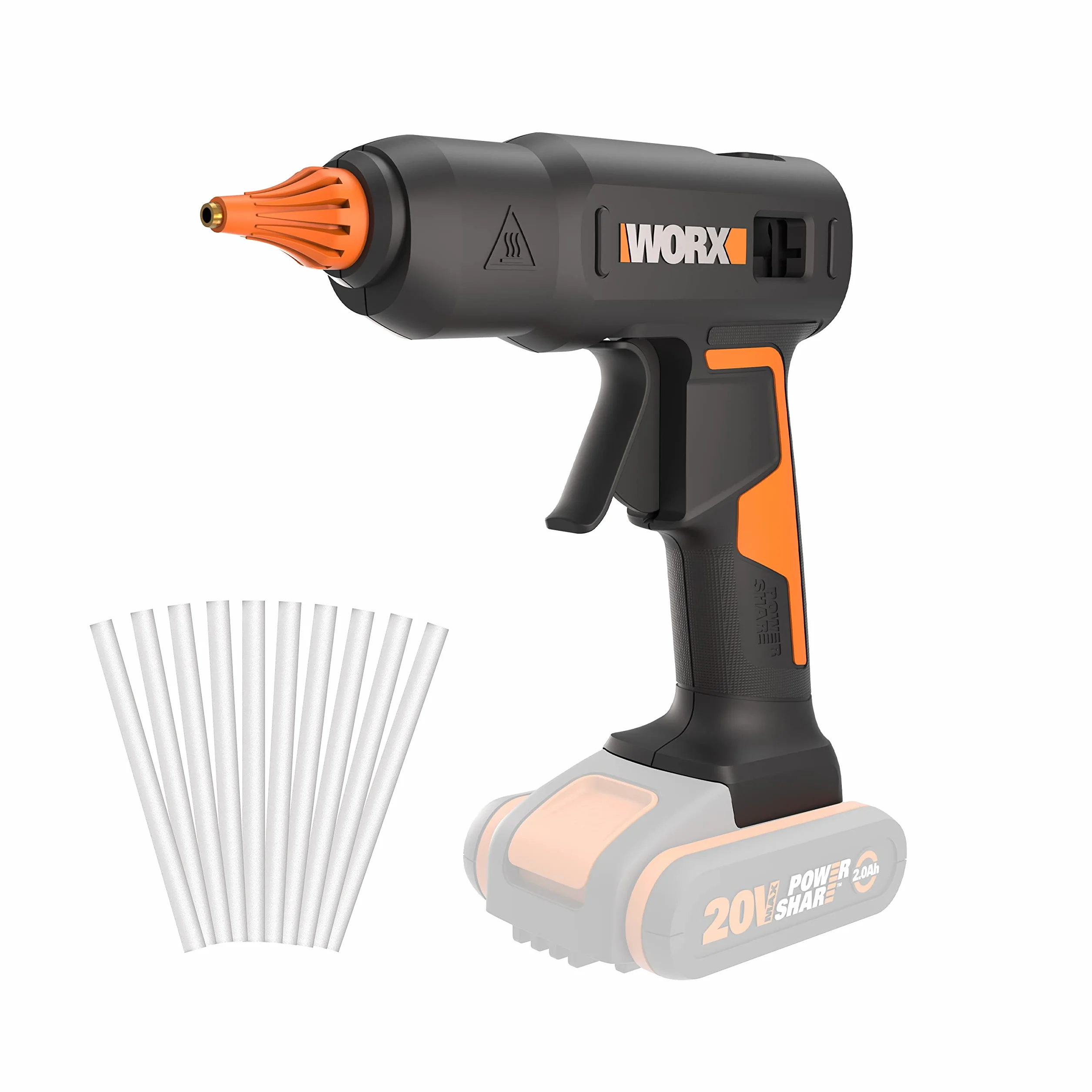 WORX WX045.9 Akku-Heißklebepistole 20V, 60W, MAX 200℃, Anti-Tropf, ideal für Heimwerker, Möbelmontage, Hausreparatur, mit 10*Klebesticks, ohne Akku & Ladegerät, PowerShare kompatibel