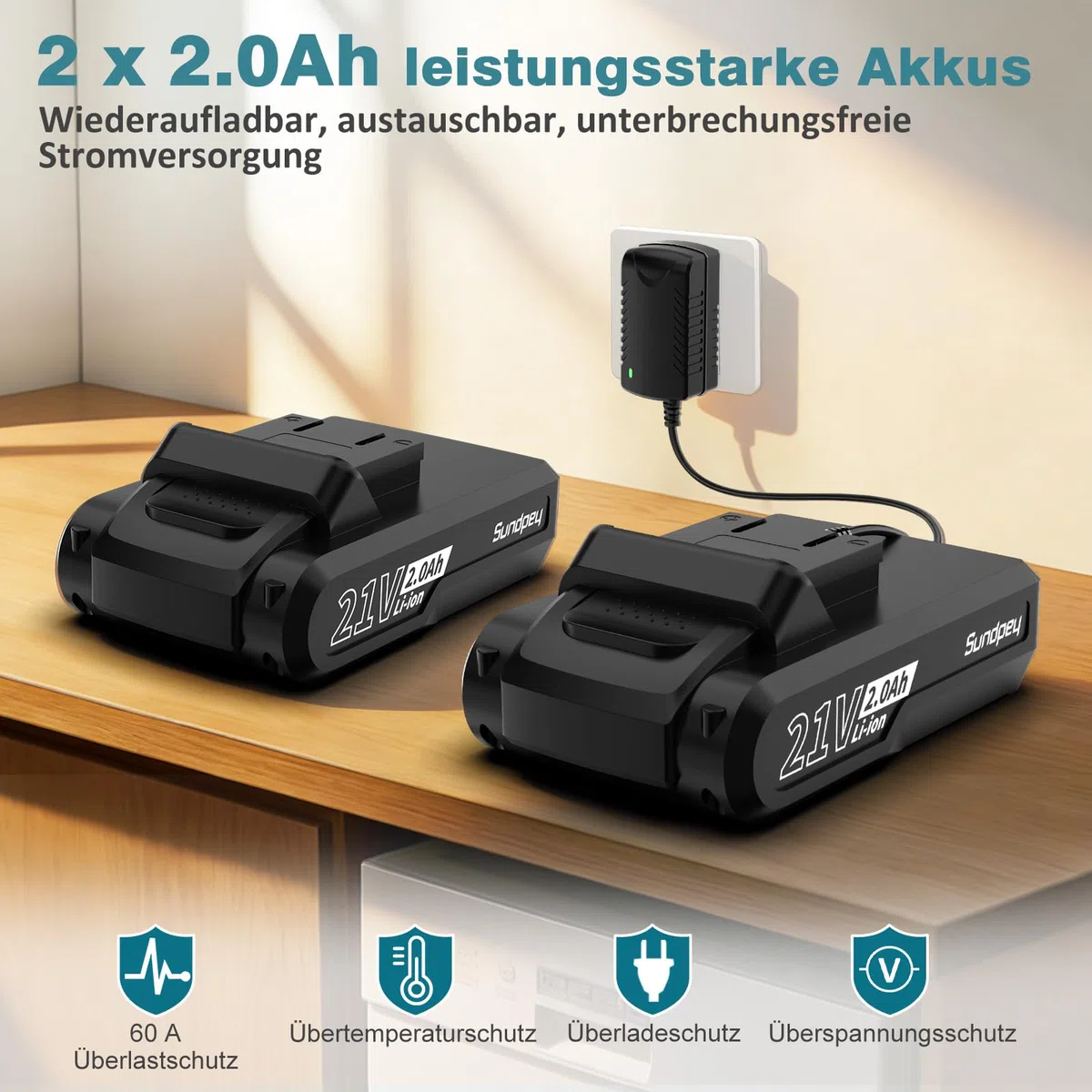 Sundpey Akkuschrauber Set mit 2 Akkus 2,0Ah, 21V Akkubohrer und Schrauber, 1500U/min 45Nm Max Akku Bohrschrauber mit 2-Gang, 18+1 Drehmomentstufen, 10mm Bohrfutter, LED-Licht Für Haus Reparatur & DIY