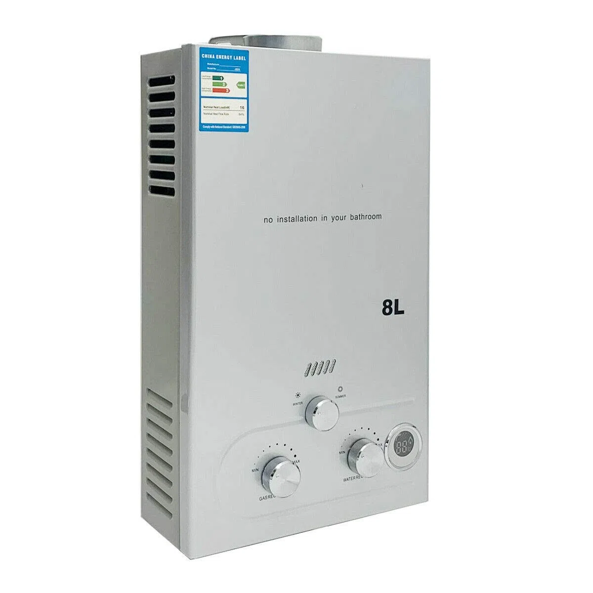 Tragbarer Gas Durchlauferhitzer 8L 16KW Propangas Campingdusche für Dusche im Außenbereich Dusche Bad Warmwasser Camping Dusche LPG Warmwasserbereiter Warmwasser Tankless Instant, Silber
