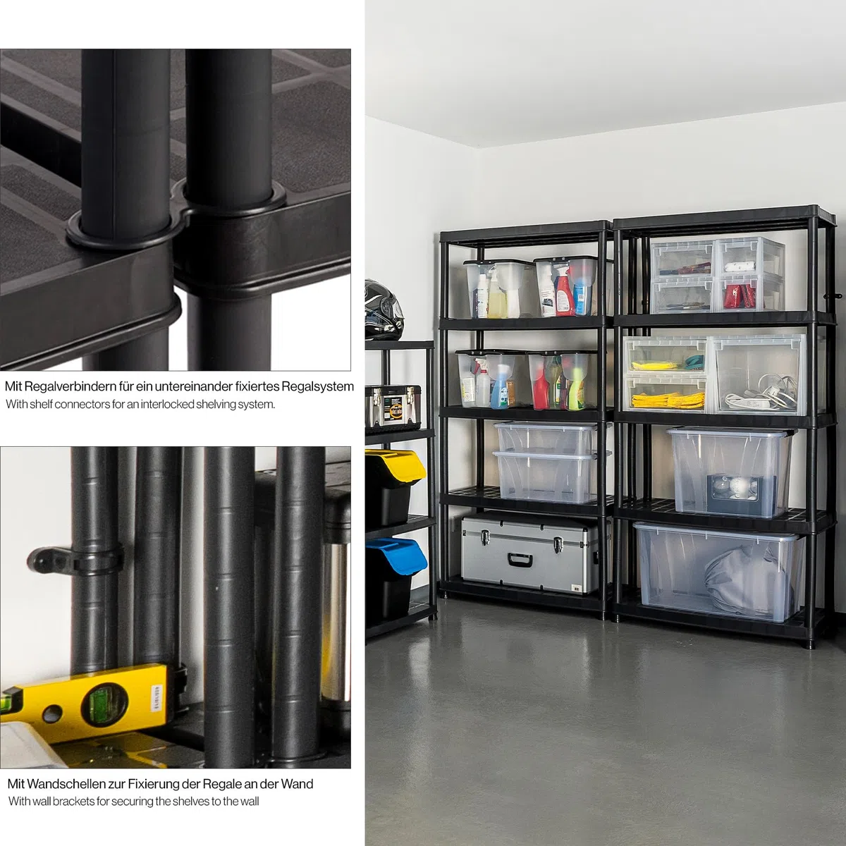 Kreher 2 Stück XXL Kunststoffregal, Schwerlastregal, Kellerregal 5 Böden, Schwarz, max. 350 kg Traglast pro Regal. TÜV Rheinland