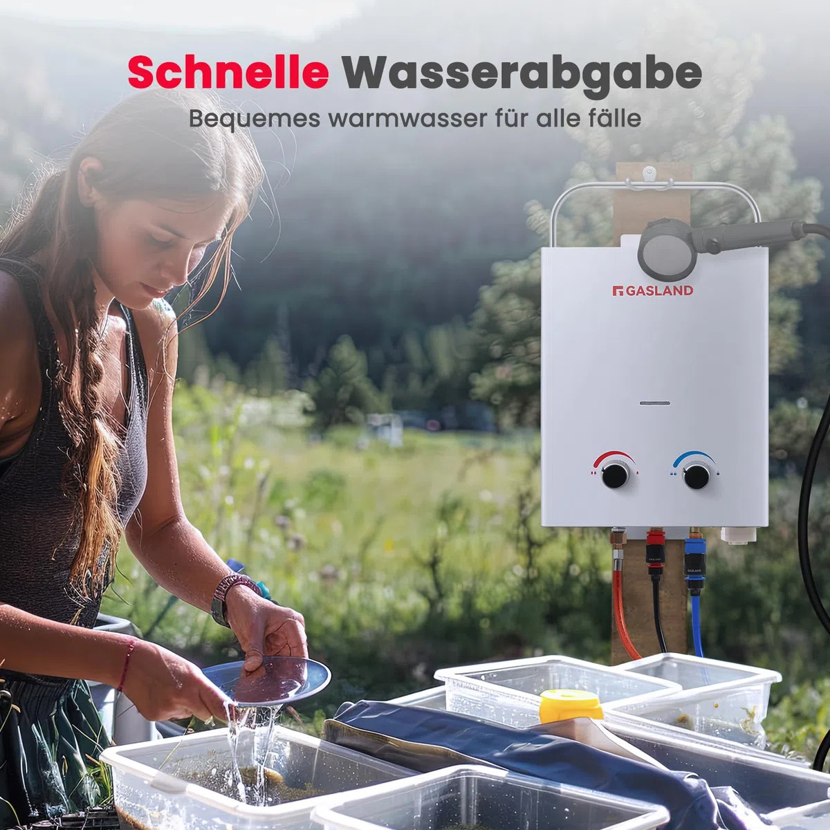 GASLAND AS132 Pro-DE Tragbarer Gas-Durchlauferhitzer, 50mbar(Butan oder Propan), 5L lpg Gas-Wassererhitzer mit Wasserpumpe und Rohrsieb für RV Camping Dusche Waschen Pferd