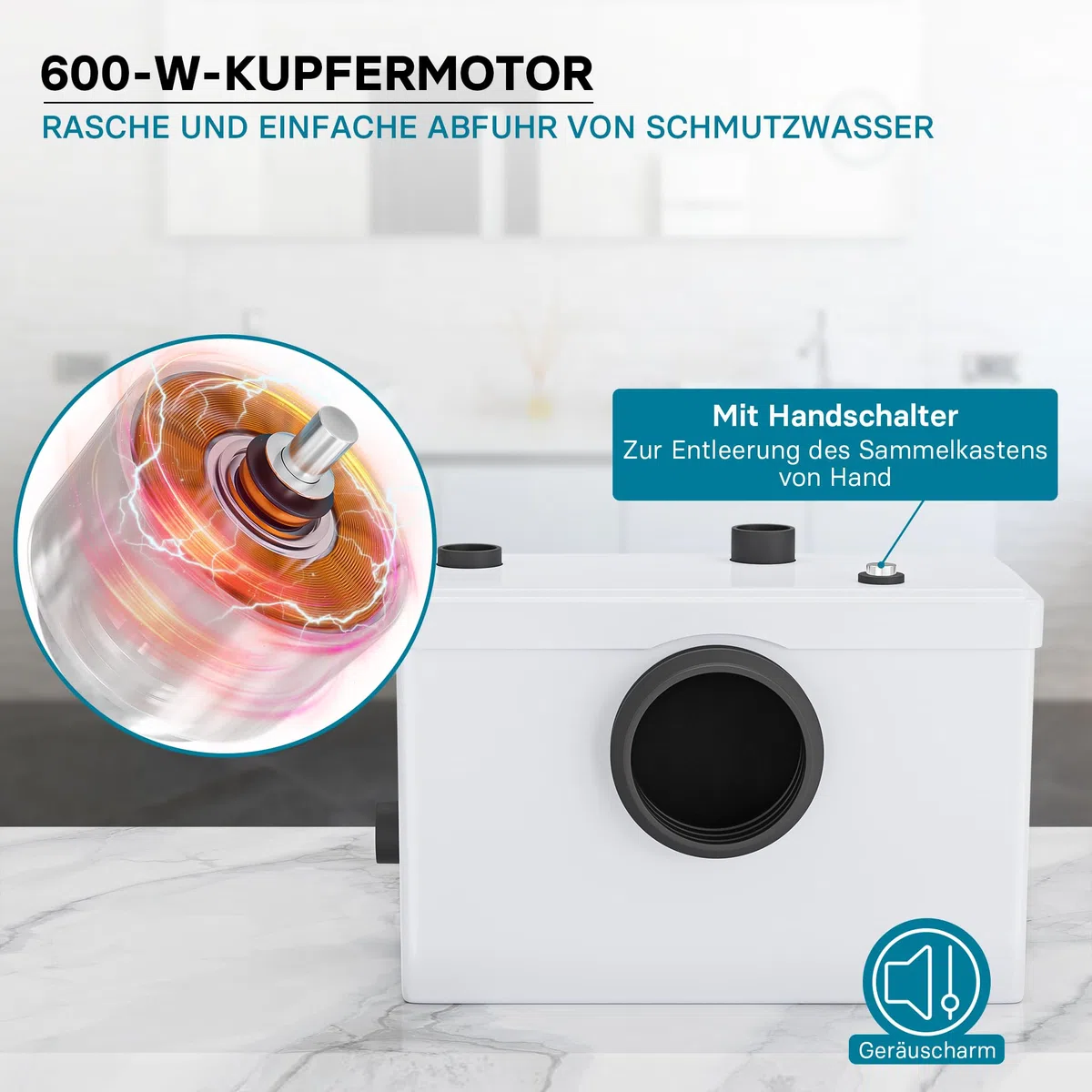 Wiltec 3/1 Kleinhebeanlage 600 W mit Häcksler, Hebeanlage bis 10 m Höhe, Abwasserhebeanlage mit 3 Einlässen, für WC und Dusche