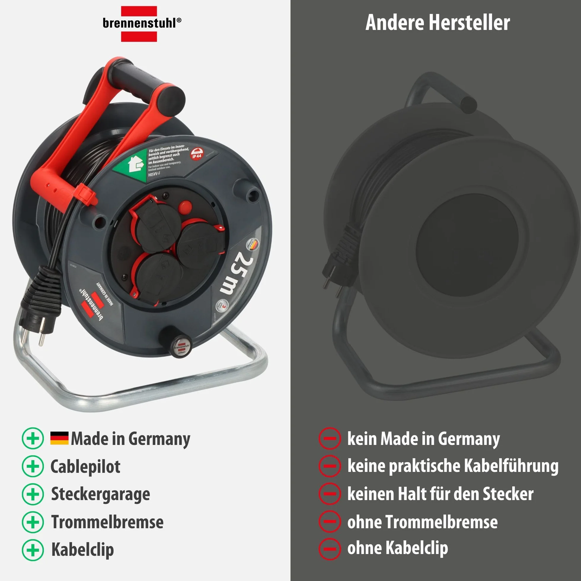 Brennenstuhl Garant V2 IP44 Kabeltrommel 25m outdoor (Made in Germany, 3 Schutzkontakt-Steckdosen, Spezialkunststoff)