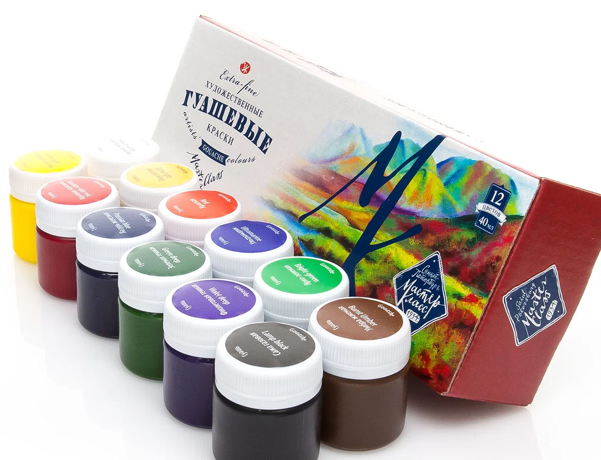 Nevskaya Palitra Profi Gouache Farben Set - 12 x 40 ml Näpfchen - feine Gouache Malerei, Master Class - Hochwertige Farben