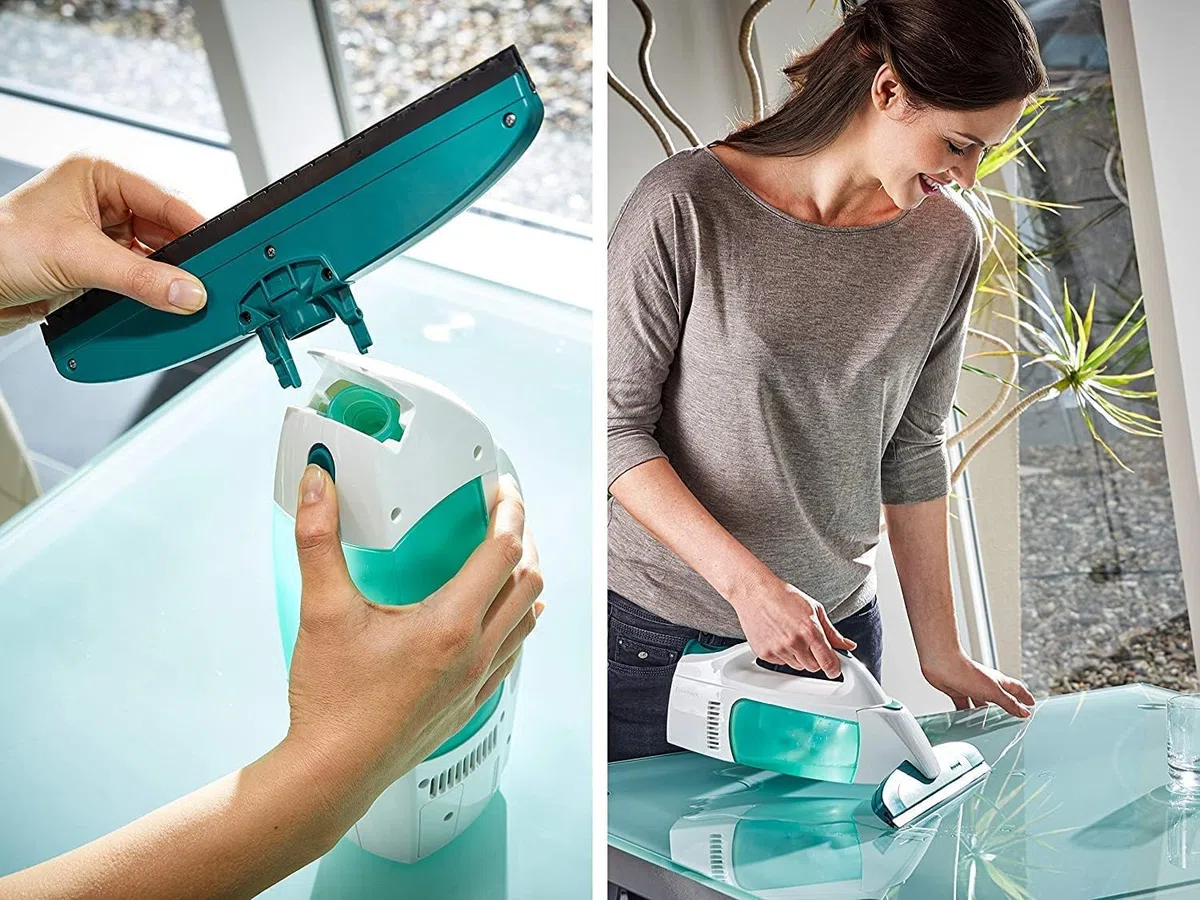 Leifheit Fenstersauger Set Dry & Clean mit Stiel & Einwascher und zweiter Düse für 360° streifenfreie Reinigung, verwendbar bis zu 38 min, Fensterreiniger mit Stand-by-Automatik und Click-System