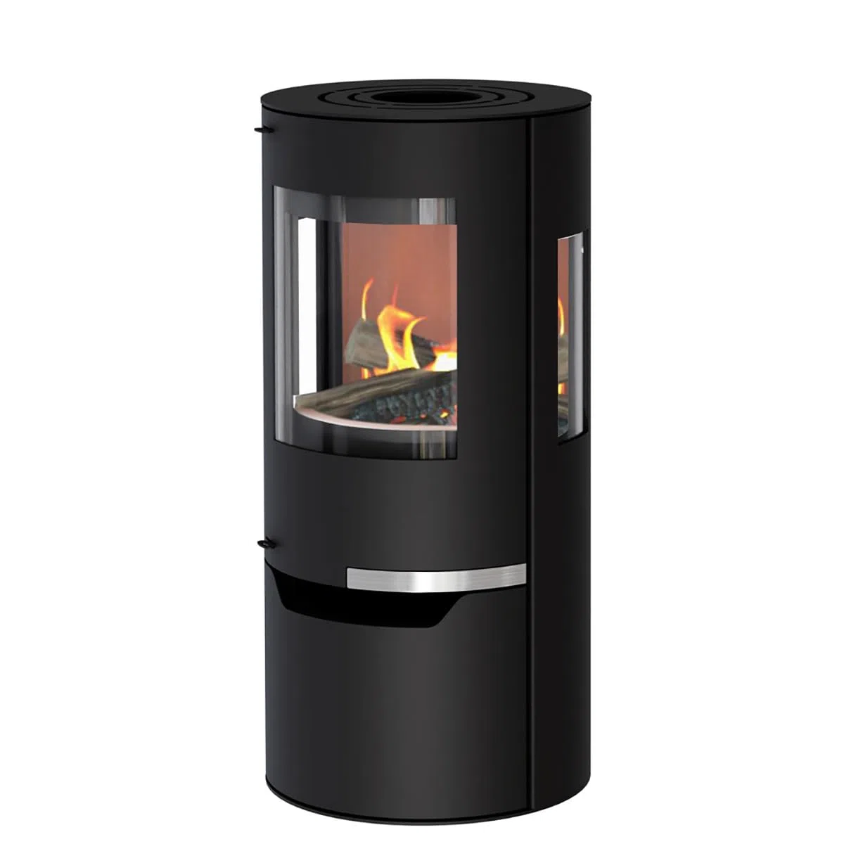 Kaminofen Thermia Hiron Trio 3 Sichtscheiben modernes Design 6 kW Holzofen Stahl Schwarz rund