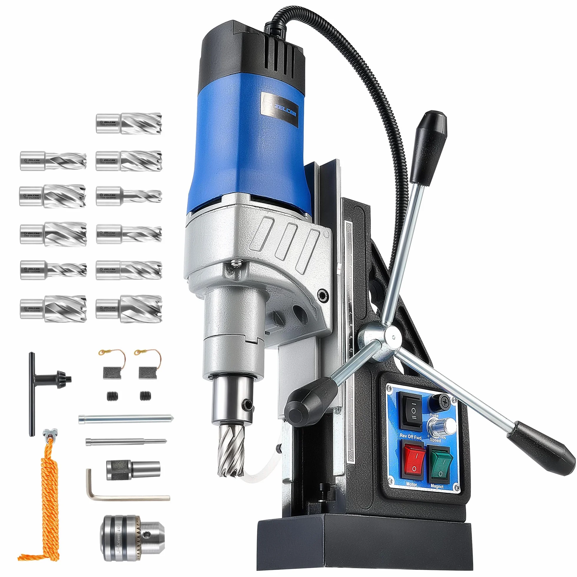 ZELCAN Magnetbohrmaschine 1550W Standbohrmaschine 11 Bohrer 13000N Tischbohrmaschine 580RPM Variable Geschwindigkeit 50mm Max. Durchmesser für Heimwerk Industrie Eisenbahn Schiffsbau, Höhenverstellbar