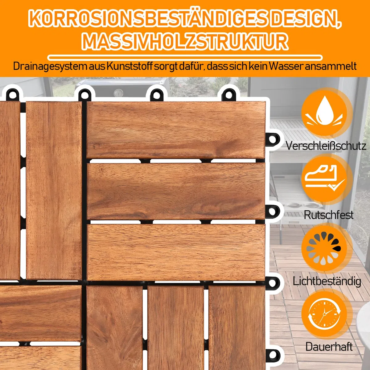 Herrselsam Holzfliesen Terrassenfliesen, 30x30 cm Holzfliesen aus Akazien Holz, 12 Latten Fliese 1m², Bodenfliesen geeignet als Terrassenfliesen und Balkonfliesen(11 Stück)