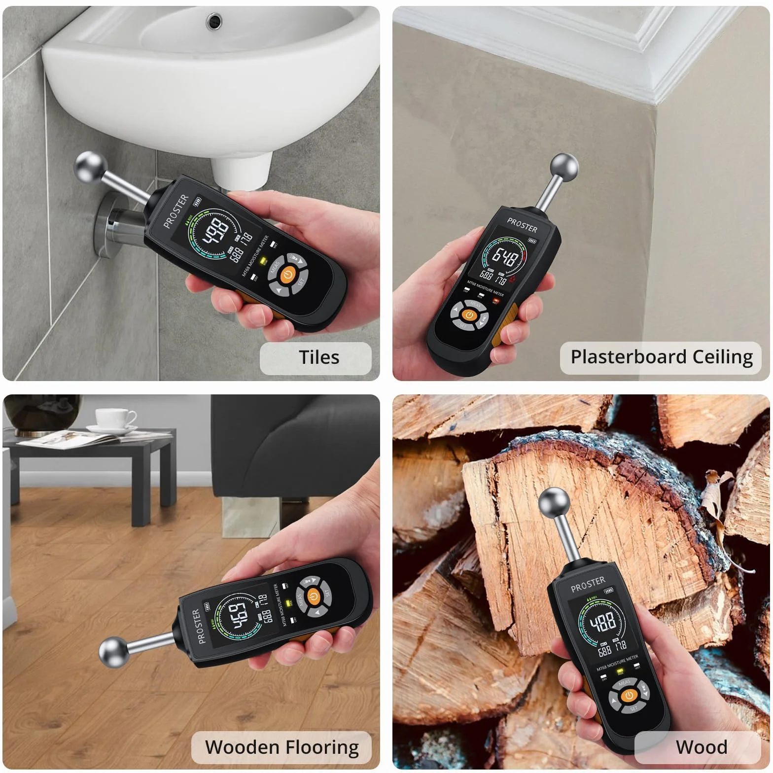 Proster Feuchtigkeitsmessgerät Wand Kugelform Sphärisches Feuchtemessgerät Mauerwerk 0-40mm Analysetiefe Zerstörungsfreies Feuchtemessgerät für Wand Holz Mauerwerk Beton Putz Baustoffe