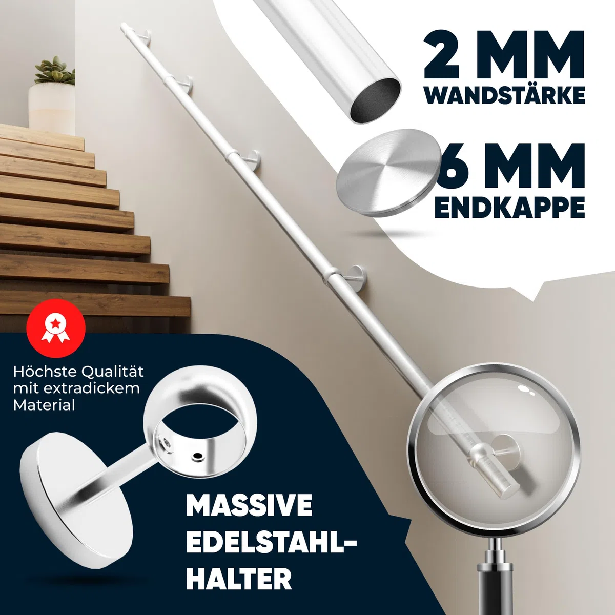 Handlauf Edelstahl Ø 42,4 mm, Markenhandläufe, für Außen- & Innenbereich, Wandhandlauf Brüstung Geländer, 4 verschiedene Varianten
