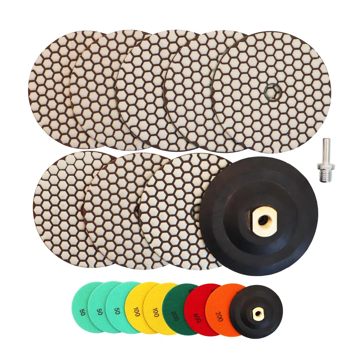 HIGHDRIL Trocken Diamant Polierscheibe - 8 Stk.(#50x3/100x2/200/400/800) Diamant Polier Auflagen mit Gummiunterlage+ M14 Adapter für Granit Stein Marmor Bodenschleifer oder Polierer Dia 5 Zoll/125MM