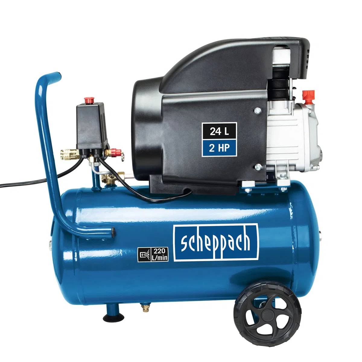 Scheppach Kompressor HC26 Druckluftkompressor | 220 l/min Ansaugleistung | 24 Liter Kessel | 1500W | 8 bar | ölgeschmiert | mit Griff und Fahrvorrichtung | inkl. 5m Schlauch, Reifenfüllgerät + Zubehör