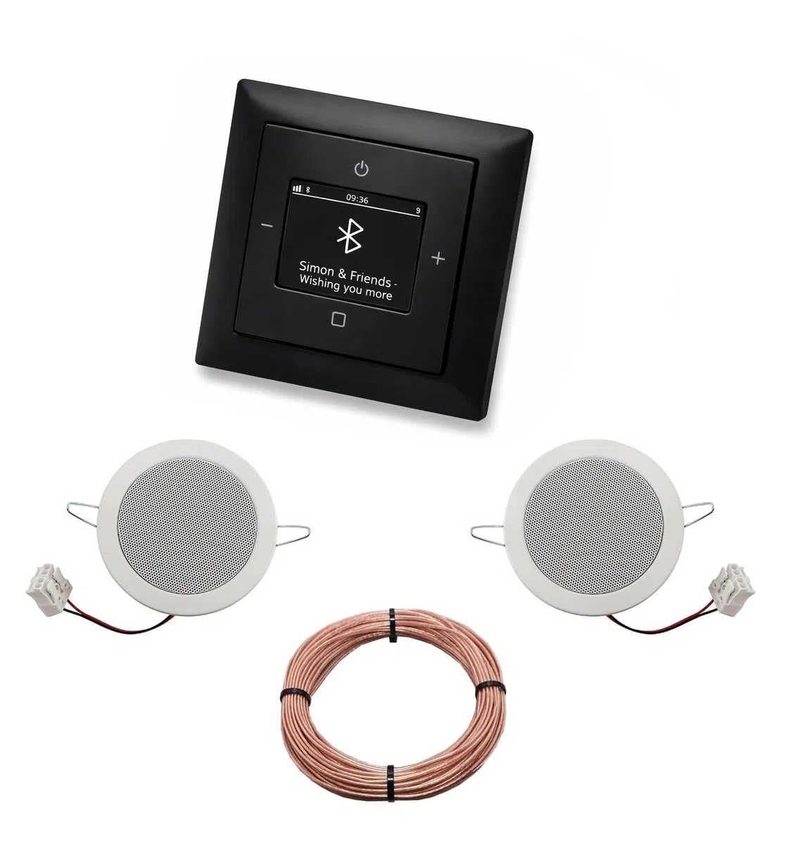 Busch Jäger DAB+ Unterputz Bluetooth (in and out) Radio 8217U-101 Balance Si schwarz matt -915, Komplett-Set mit 2 x Deckenlautsprecher Einbaulautsprecher + 20 Meter Lautsprecherkabel 2x0,75 mm2 8217U