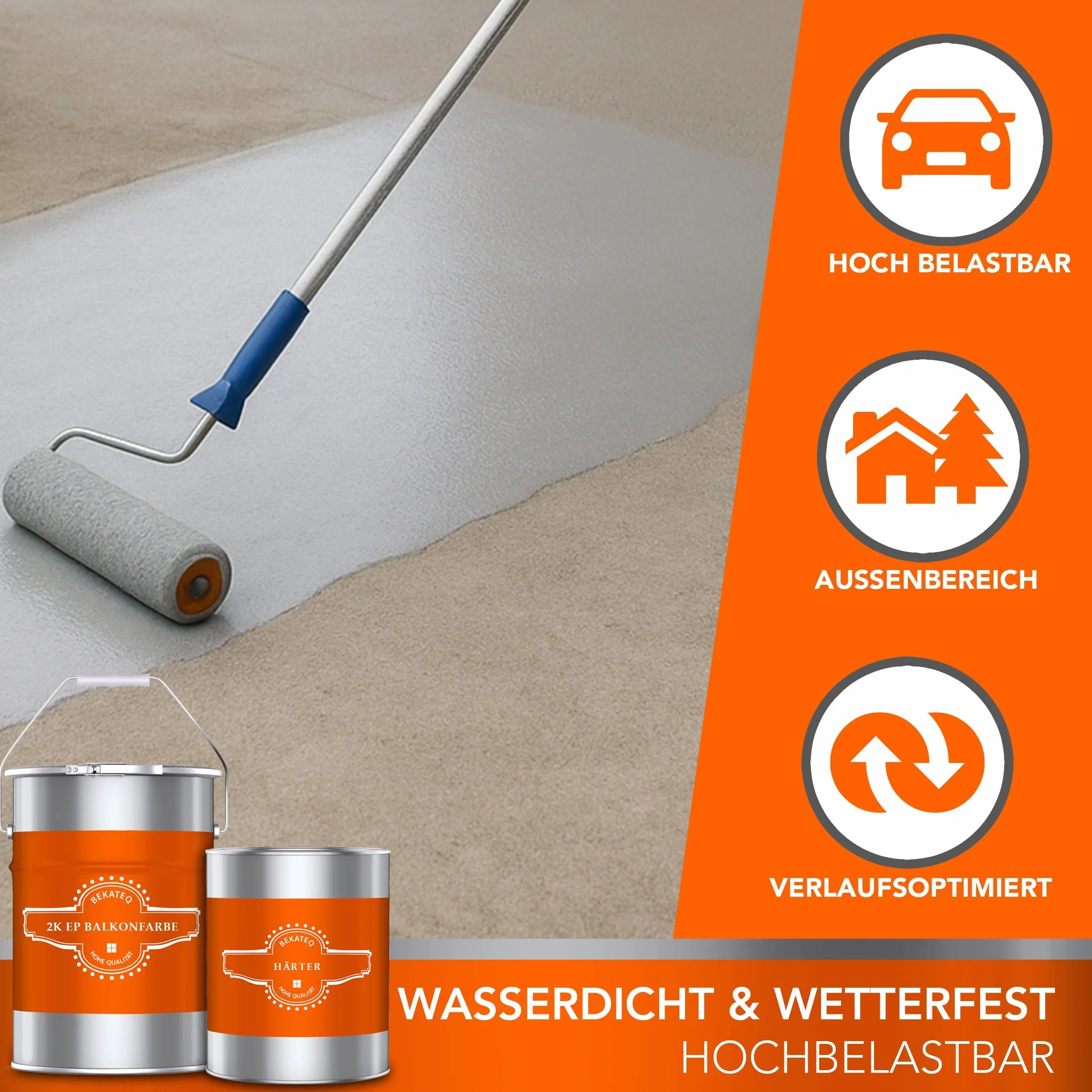 BEKATEQ 2K Epoxidharz in Lichtgrau 1kg für Balkon & Terrasse I Bodenfarbe UV-optimiert, Selbstentlüftend, Geruchsarm - Bodenbeschichtung zur Balkon-Abdichtung, Balkonfarbe wasserdicht BK-300EP