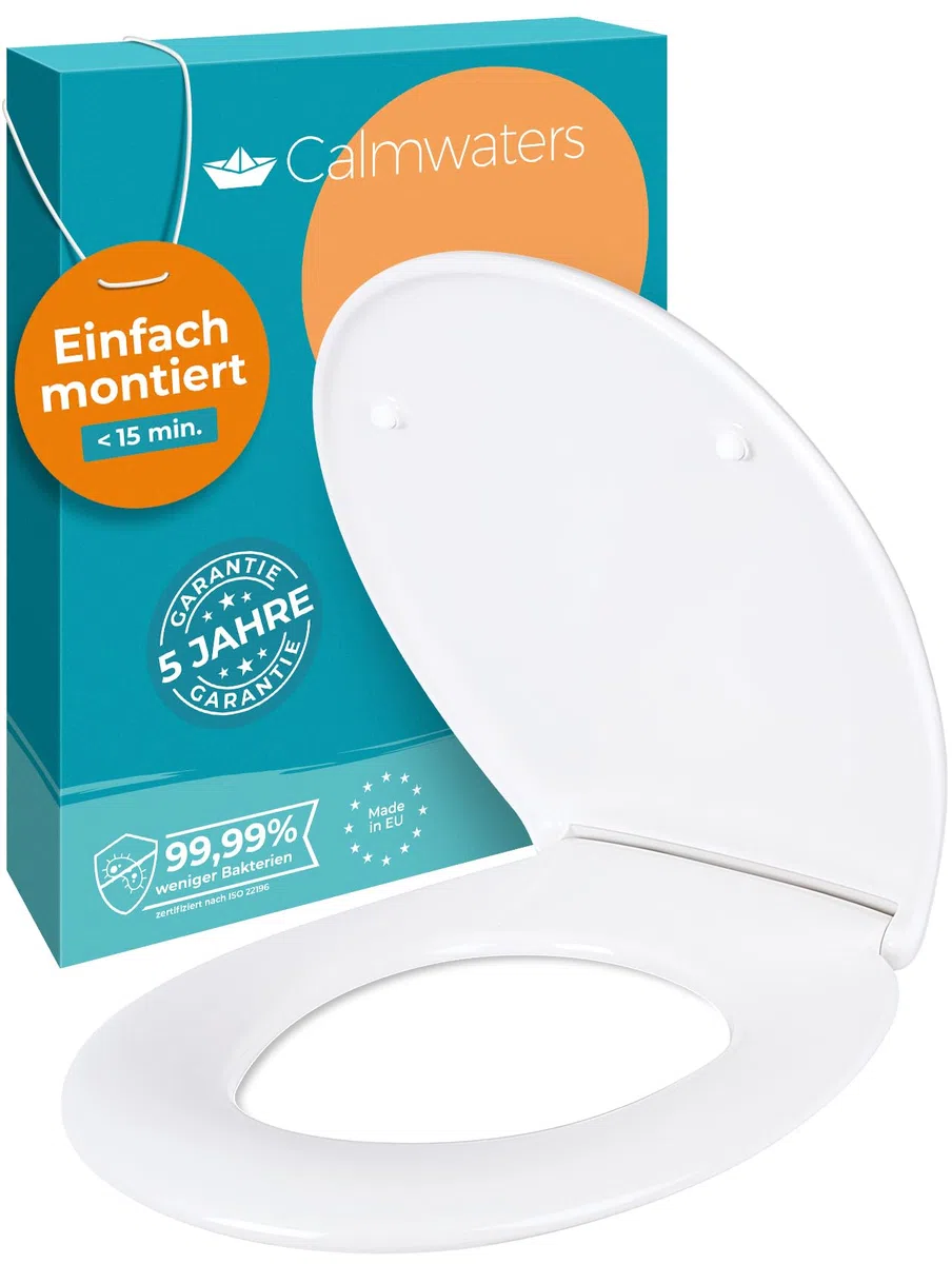 Calmwaters® Toilettendeckel mit Absenkautomatik, WC Sitz einfache Montage, bis 250 kg, Made in EU, aus antibakteriellem Duroplast, 2 Befestigungsarten, abnehmbar, Klobrille oval, Klodeckel Weiß