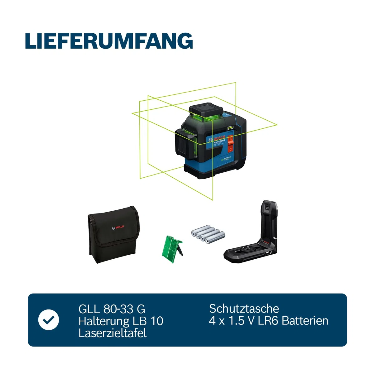 Bosch Professional Linienlaser GLL 80-33 G (Halterung LB 10, grüner Laser, Arbeitsbereich: bis 30m, Dual Power Source, 4x1.5V LR6 Batterien, Schutztasche)