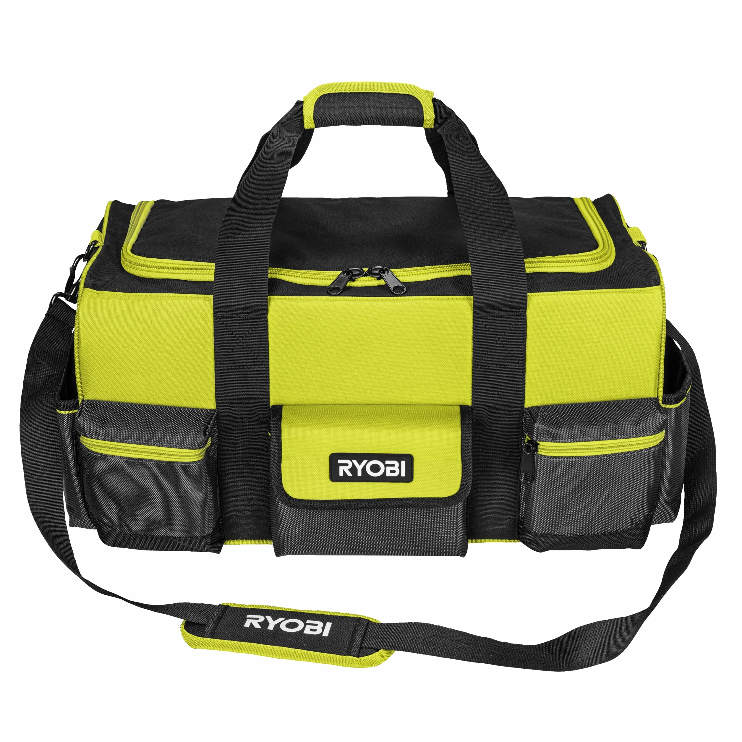RYOBI Handwerkertasche mit Schultergurt Größe L RSSLTB1 (3 x Fronttaschen, 1x offene Tasche auf der Rückseite, 2 x Seitentasche, 8 x Schlaufen für Handwerkzeuge im Innenbereich, 1x Innentasche)
