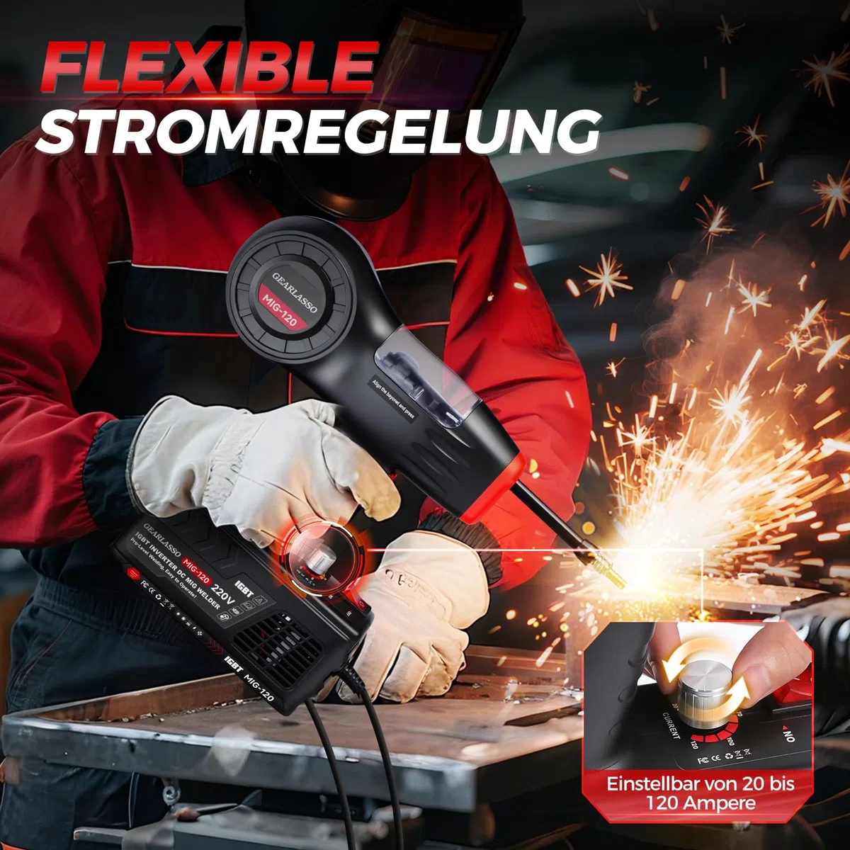 Handgehaltenes MIG-Schweißgerät, 220 V, 20–120 A, tragbares Flux Core-Schweißgerät, tragbares Flux-MIG-Schweißgerät, gasloses MIG-Schweißgerät