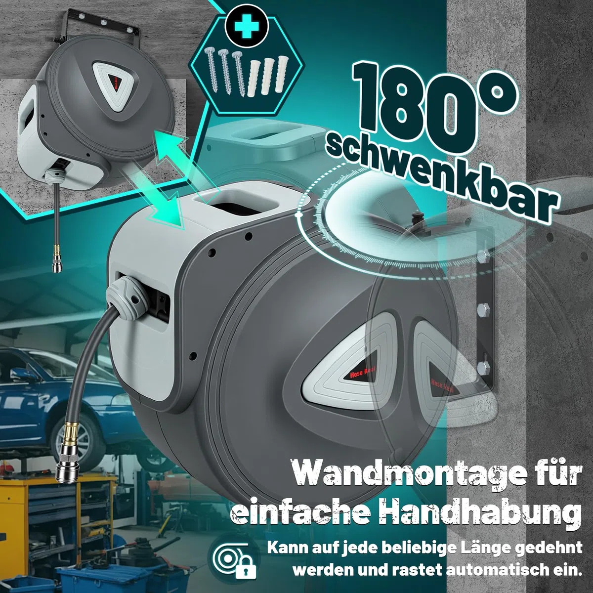 Druckluftschlauchtrommel 30m, Schlauchtrommel druckluft Automatisch 1/4" Anschluss, PVC Luftschlauch Trommel, Wandmontage Druckluftschlauch Aufroller für Kompressor Werkstatt
