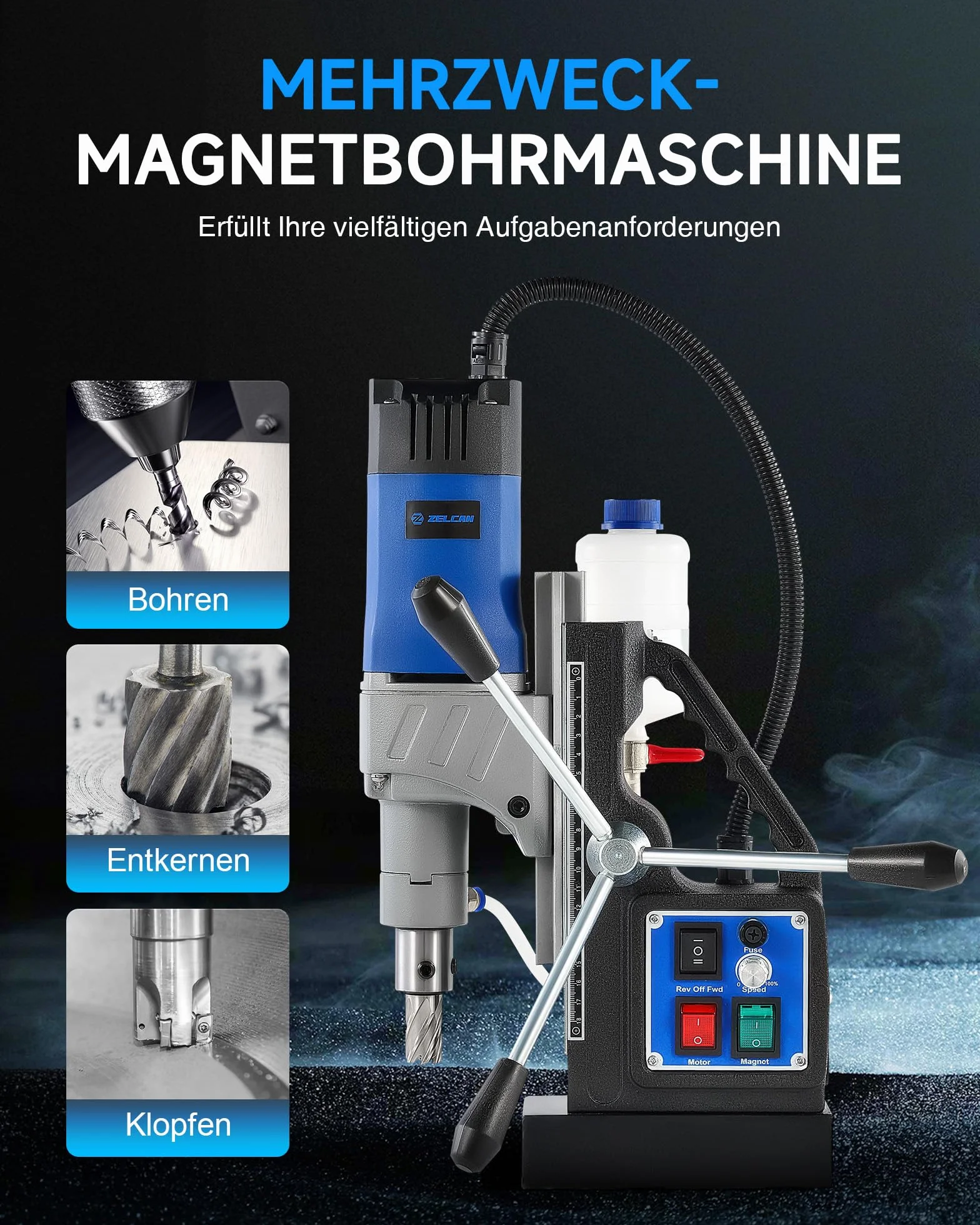 ZELCAN Magnetbohrmaschine 1550W Standbohrmaschine 11 Bohrer 13000N Tischbohrmaschine 580RPM Variable Geschwindigkeit 50mm Max. Durchmesser für Heimwerk Industrie Eisenbahn Schiffsbau, Höhenverstellbar