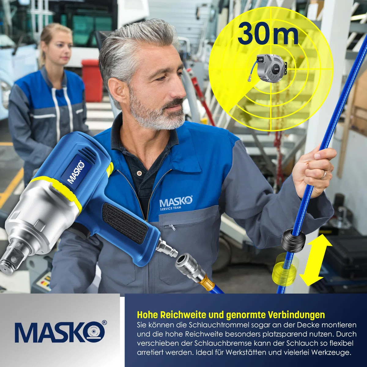 MASKO® Automatik Druckluftschlauch Aufroller 30m – Schlauchtrommel mit 1/4" Anschluss, Schlauchaufroller, Wandhalterung, Tragegriff, 180° schwenkbar, Schlauchbremse, vormontiert/sofort einsatzbereit